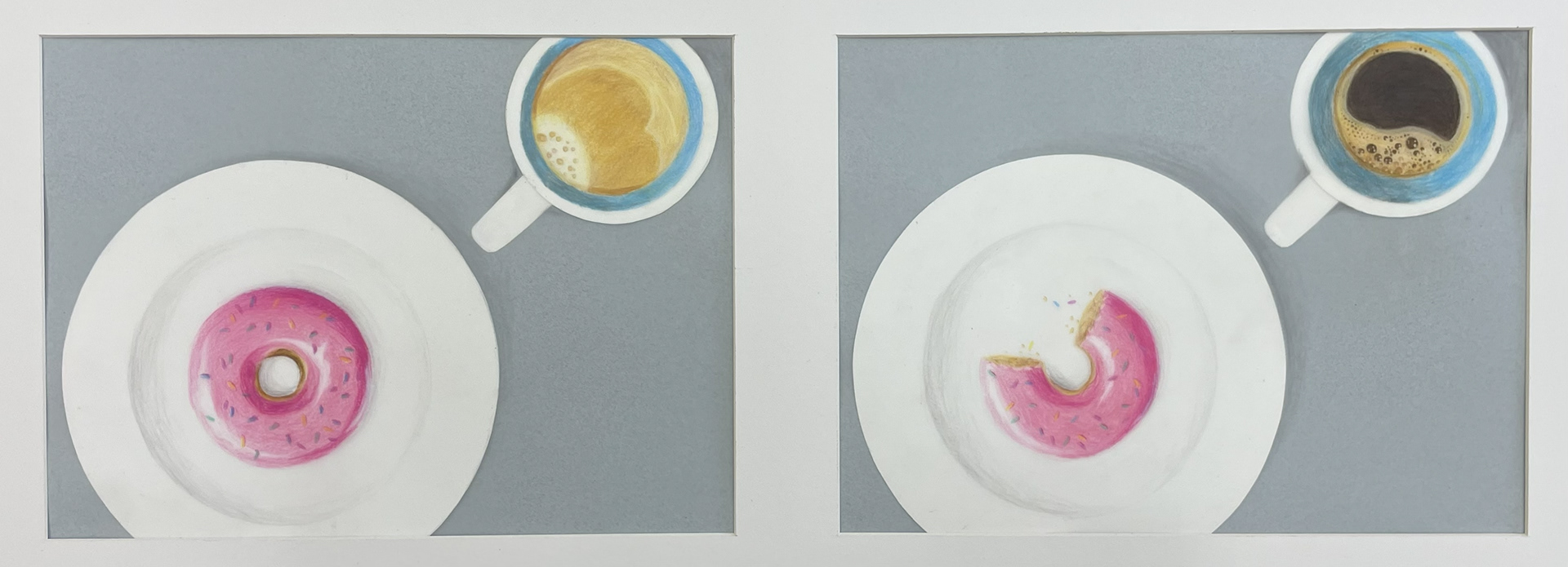 A color pencil diptych series of someone's breakfast (Spring 2022).
