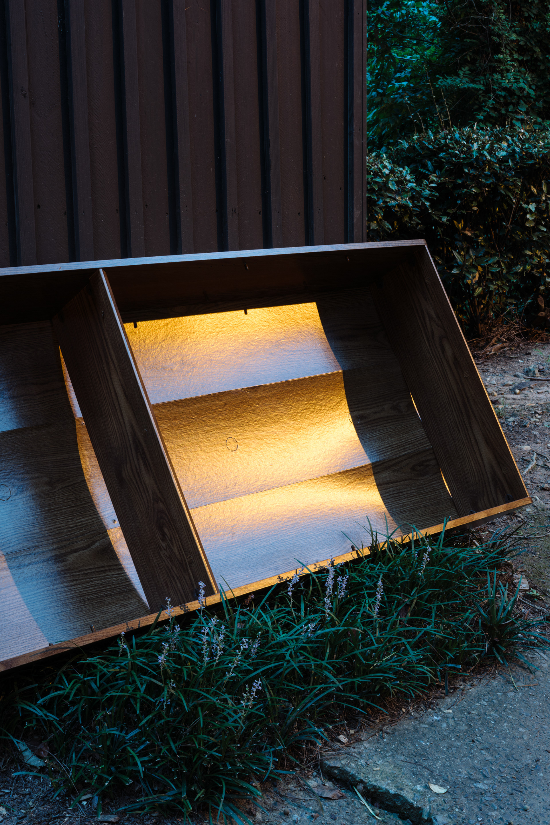 Discarded bookcase reflecting artificial light, Atlanta Georgia