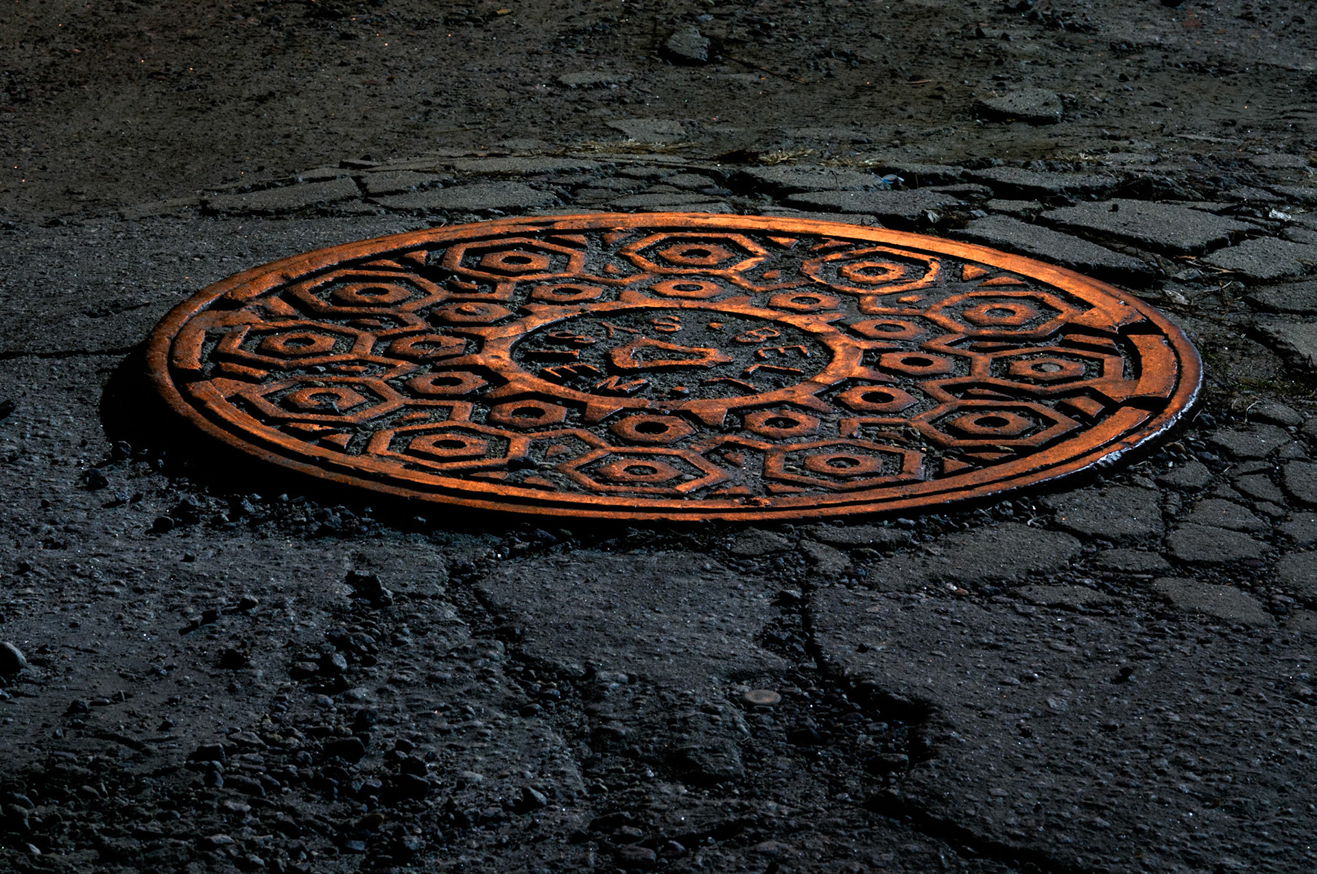 Manhole Cover at Night (Bell System), Atlanta Georgia 2011