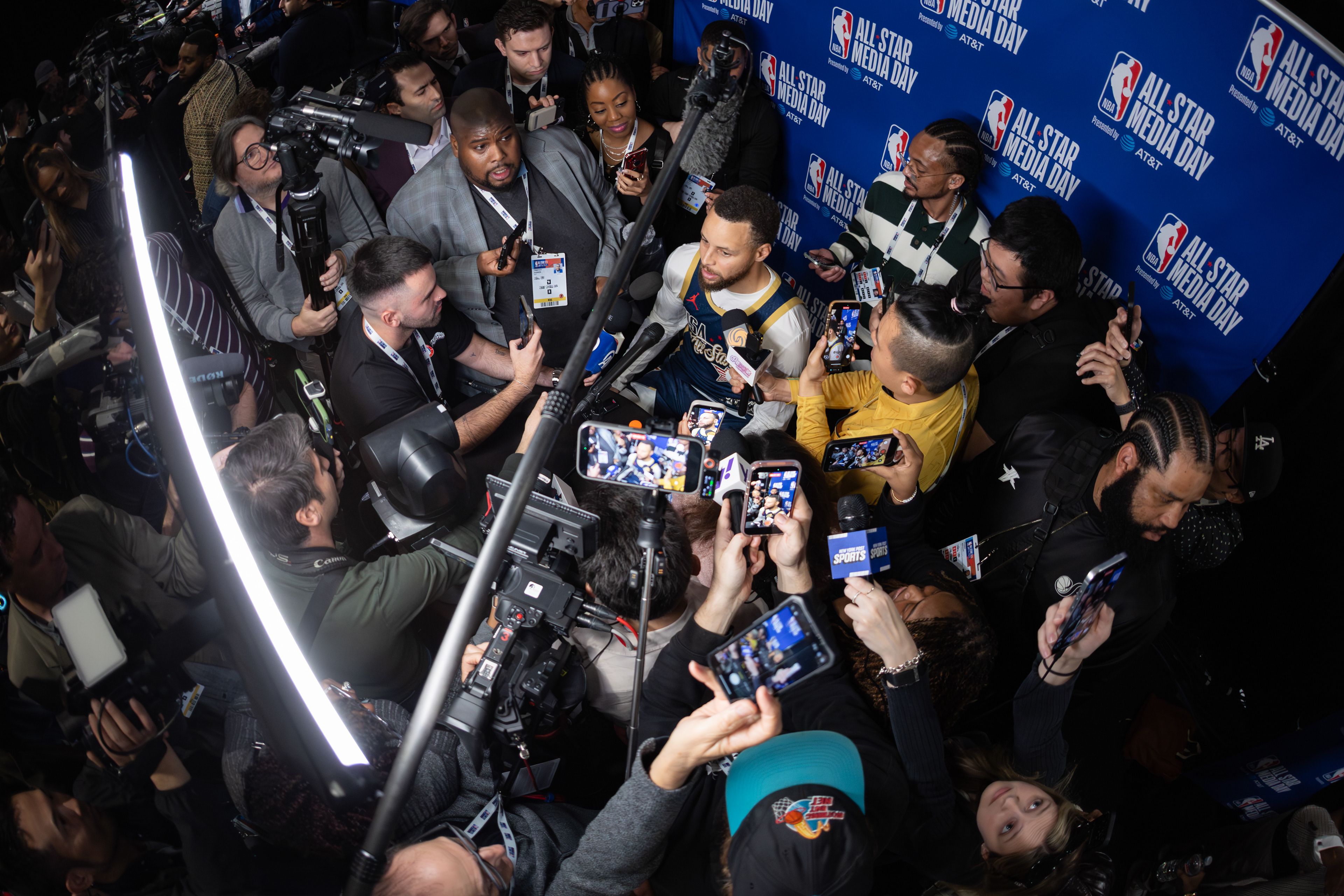 Golden State Warriors guard Steph Curry talks to the media during 2026 NBA All-Star Media Day at Intuit Dome in Inglewood, CA