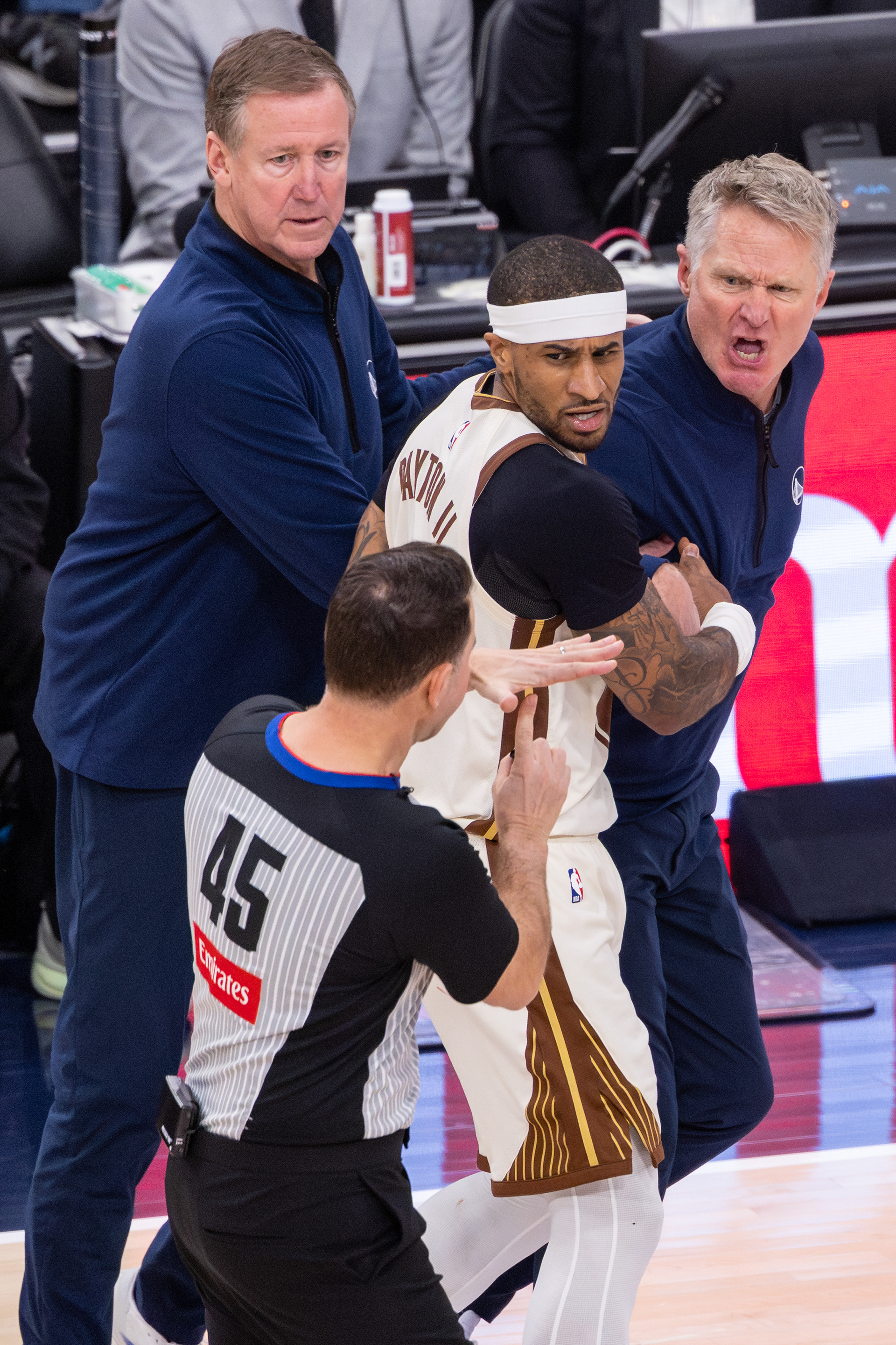 Golden State Warriors head coach Steve Kerr yells at an official while getting called for a technical foul during an NBA Basketball game at Intuit Dome in Los Angeles, CA