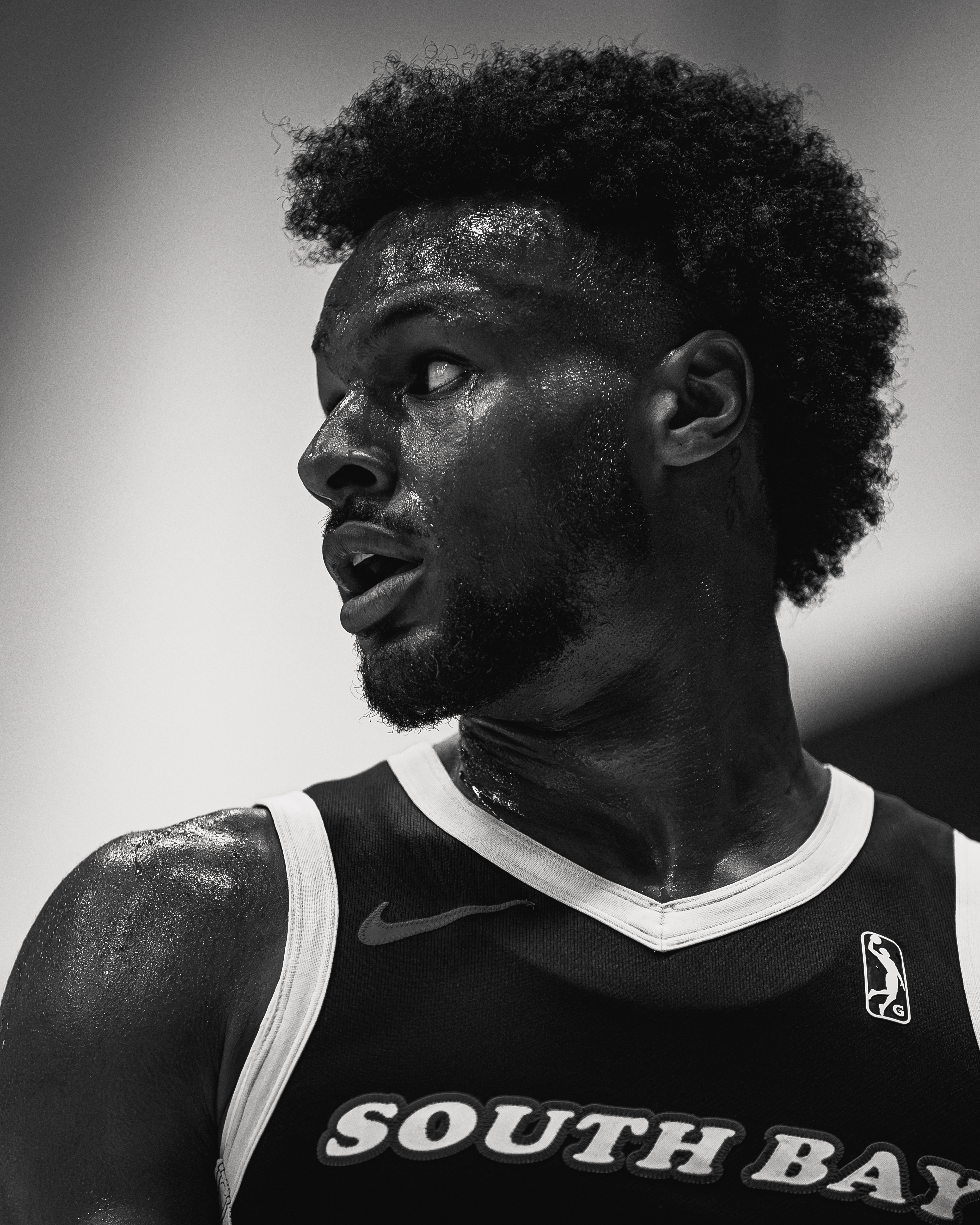 Portrait of South Bay Lakers guard Bronny James during an NBA G-League game at UCLA Health Training Center in El Segundo, CA