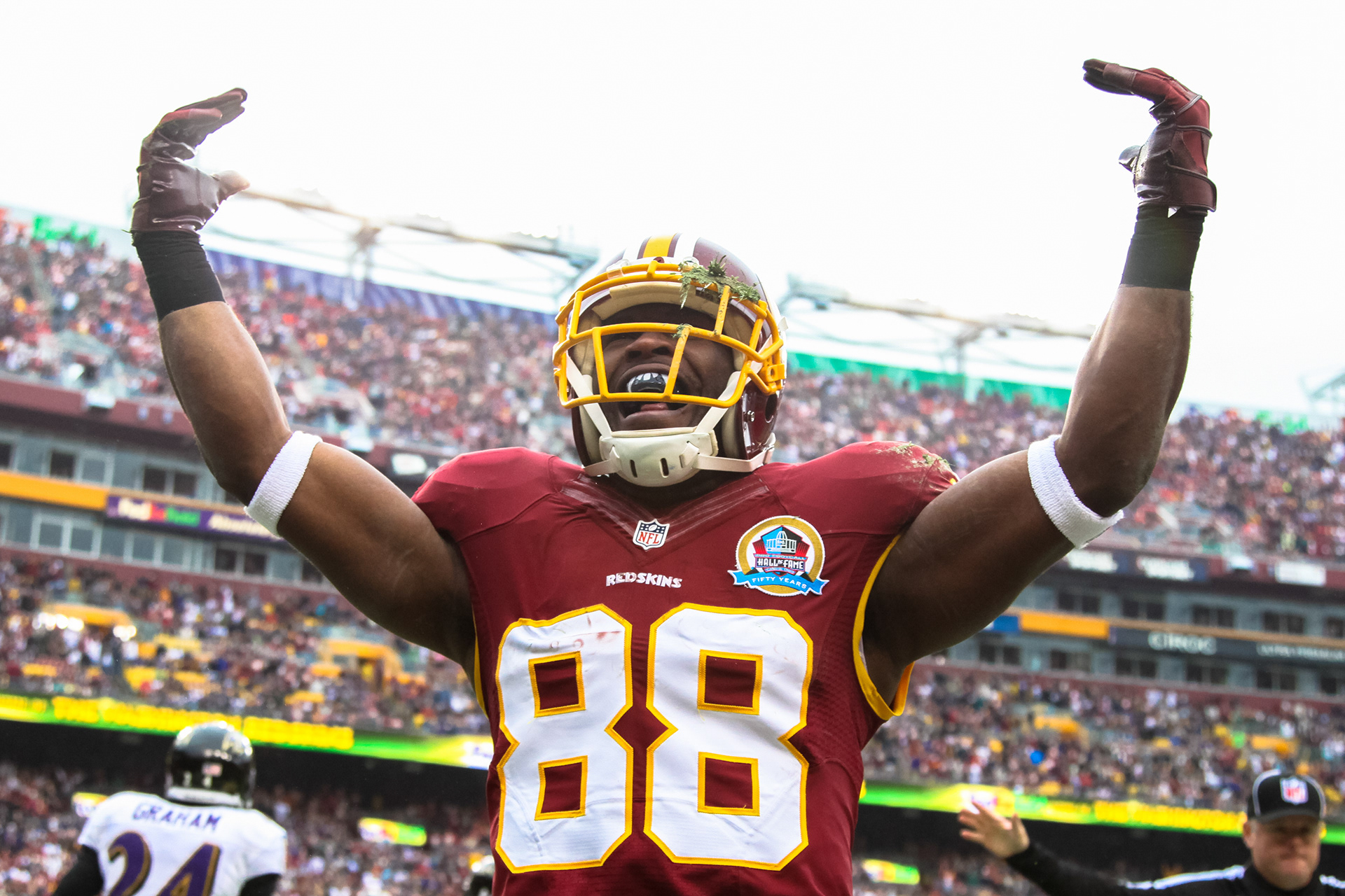 Washington wide receiver Pierre Garcon celebrates a touchdown in an NFL Football game.