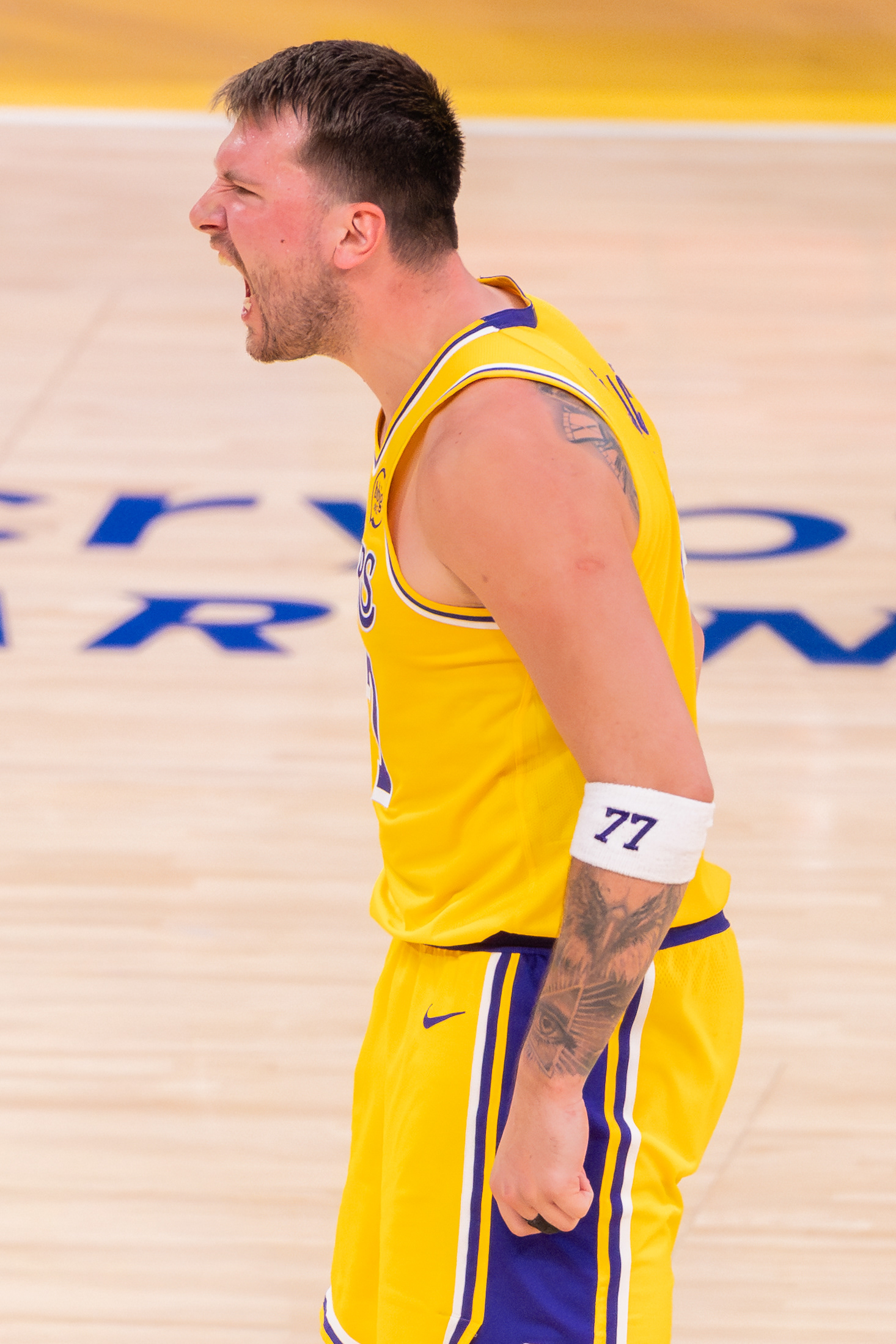 Los Angeles Lakers guard Luka Dončić celebrates during an NBA basketball game at Crypto.com Arena in Los Angeles, CA