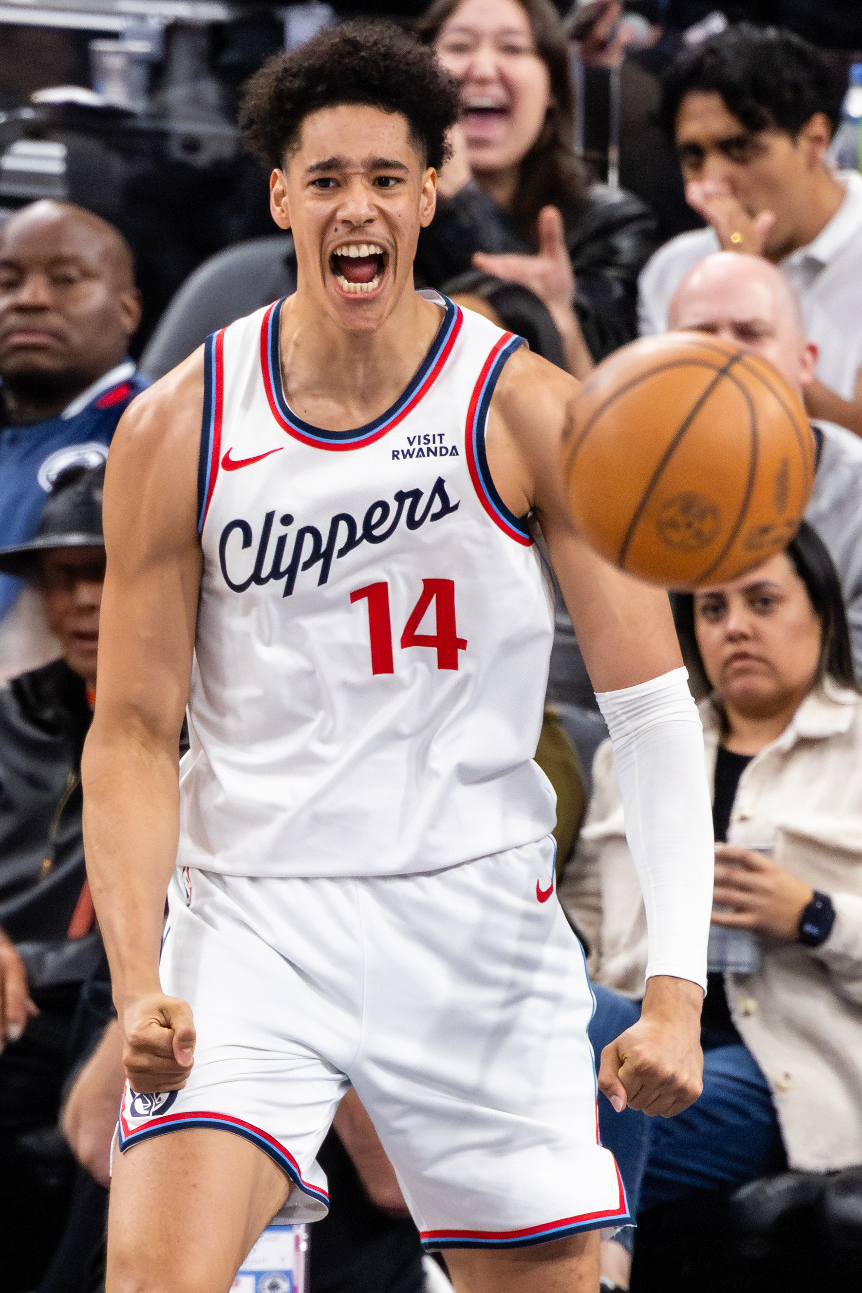 LA Clippers forward Yanic Konan Niederhauser celebrates during an NBA basketball game at Intuit Dome in Los Angeles, CA