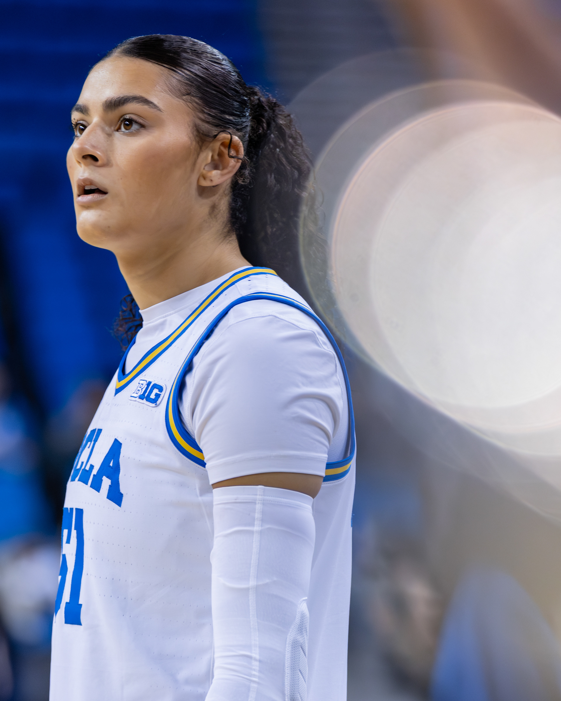 UCLA center Lauren Betts stands on the court before an NCAA basketball game at Pauley Pavilion in Los Angeles, CA