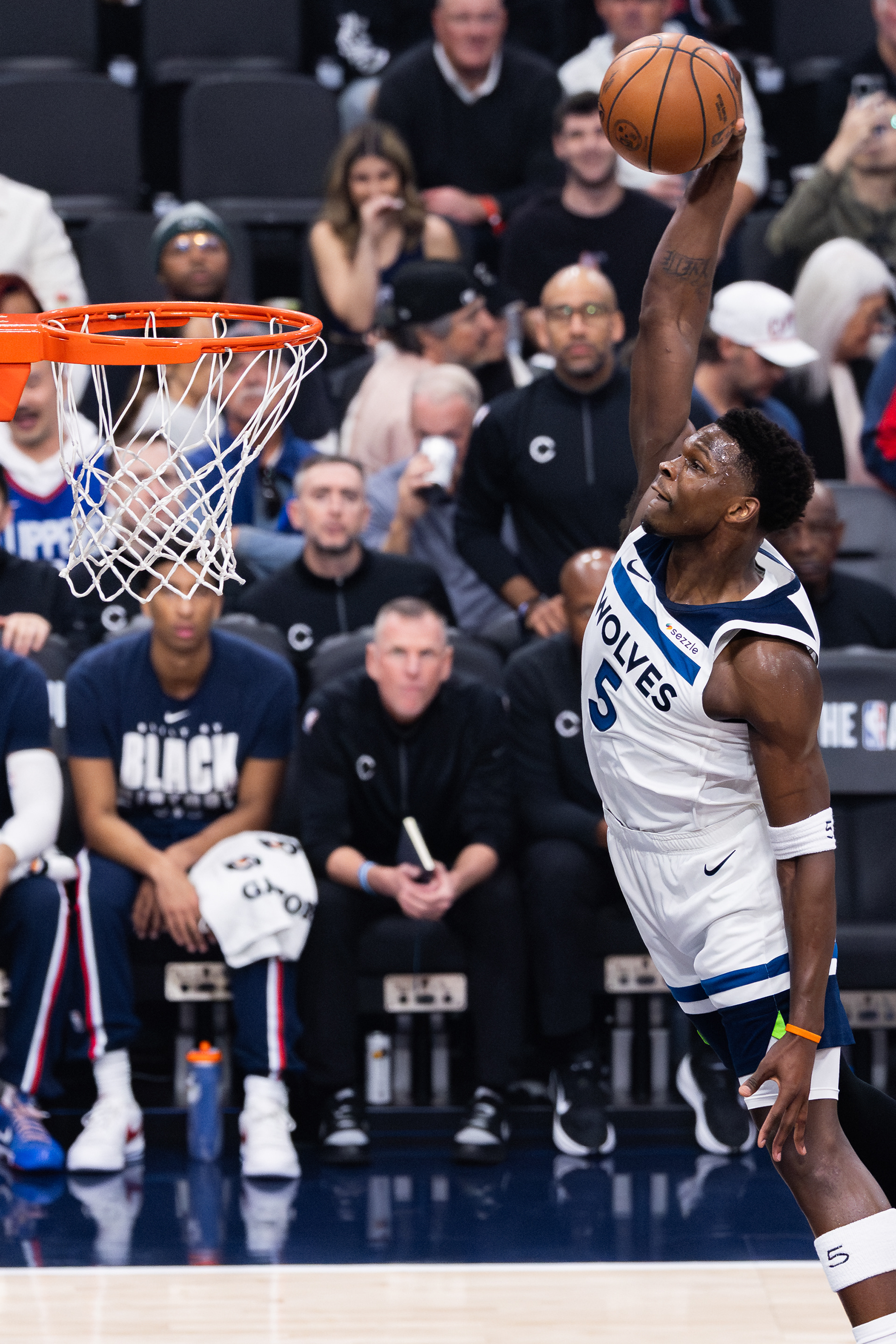 Minnesota Timberwolves guard Anthony Edwards dunks the ball during an NBA basketball game at Intuit Dome in Inglewood, CA