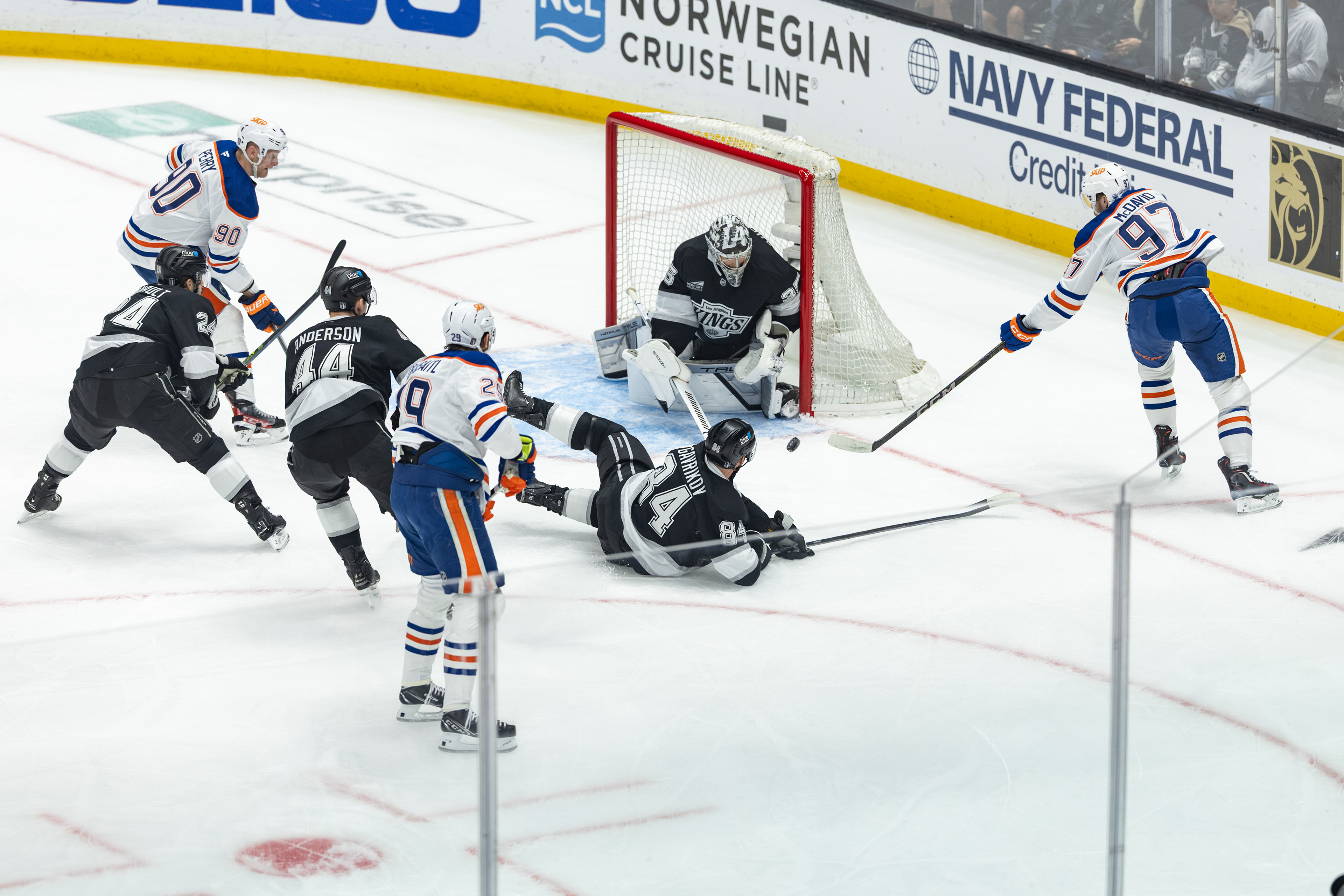 Edmonton Oilers center Connor McDavid shoots the puck against the Los Angeles Kings during a NHL hockey Stanley Cup Playoff Game at Crypto.com Arena in Los Angeles, CA