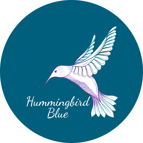 Hummingbird Blue logo with title and stylized hummingbird on color circular background