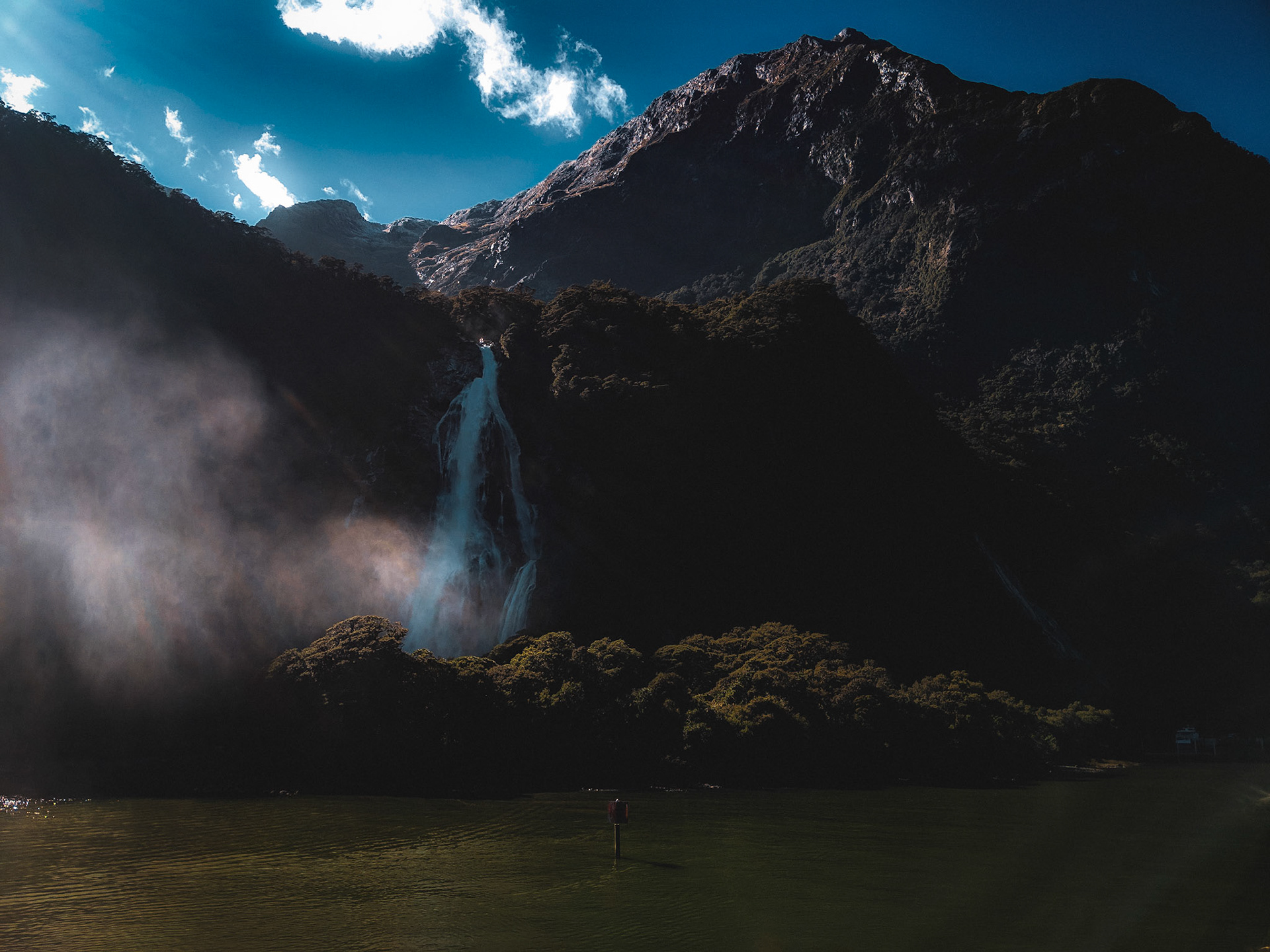 Waterfalls meeting in Milford Sounds