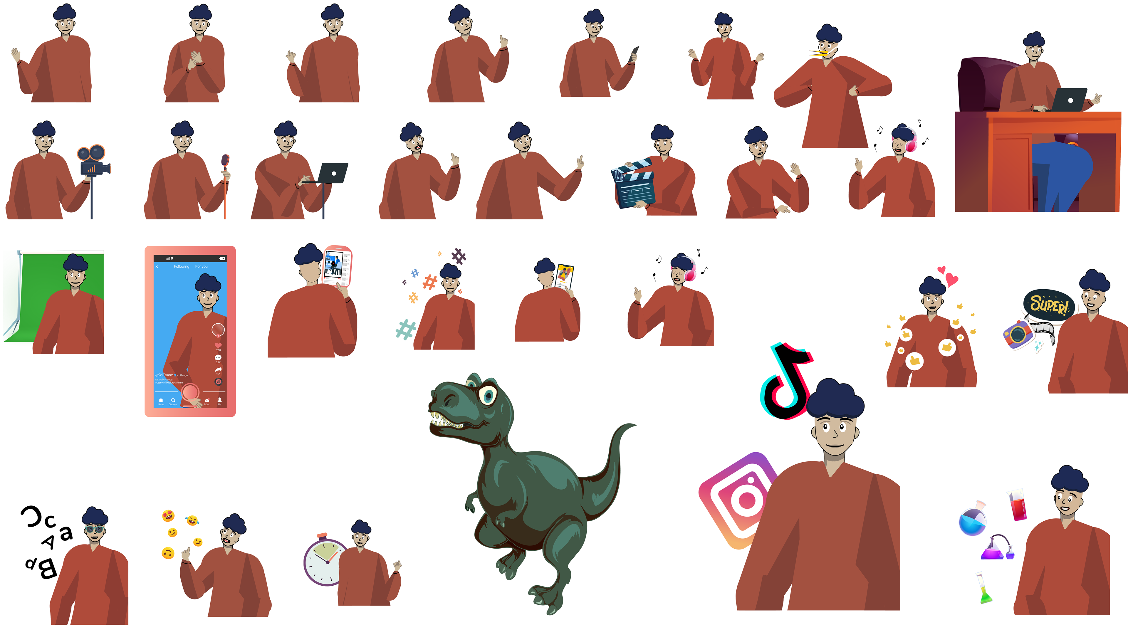 Character design. My master's thesis project was a mobile app to teach science communicators how to use TikTok. I created this character in Illustrator for the purpose of using graphics in to guide UX throughout the UI.