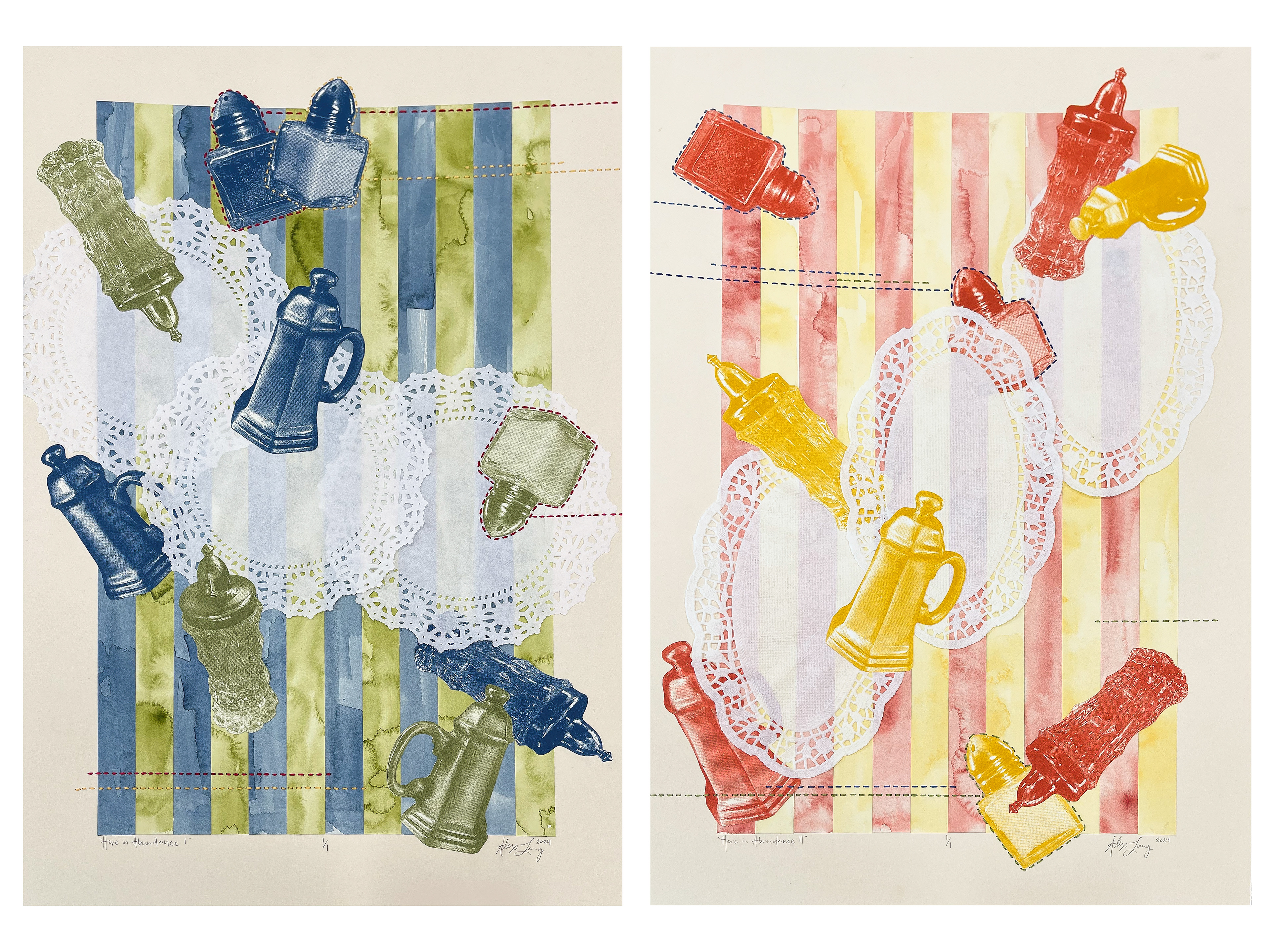 "Here in Abundance" diptych (photolithograph, watercolor, embroidery, found object)