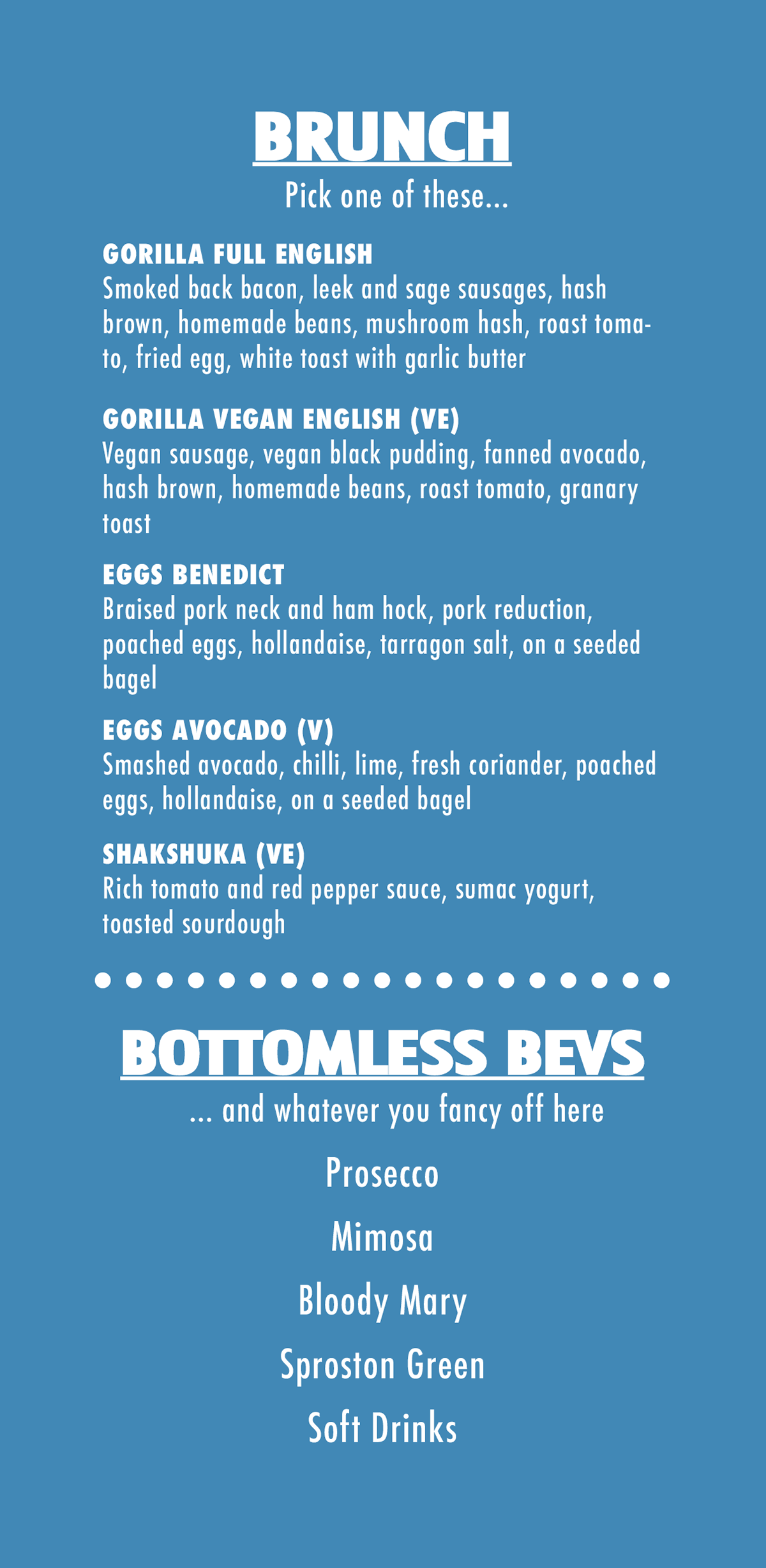 Commissioned Gorilla Mini Menu for a bottomless brunch event - Text Side