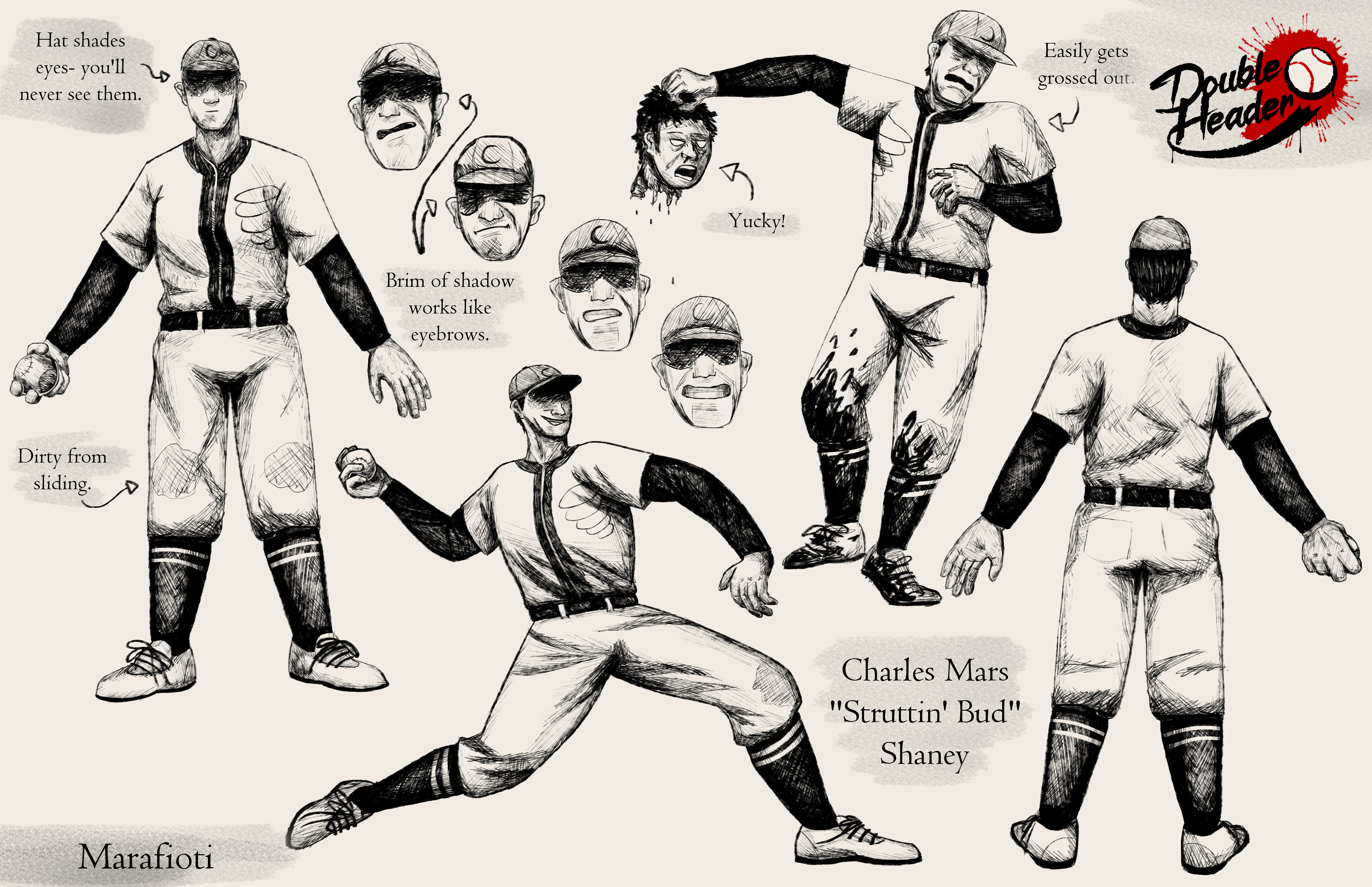 Character sheet of the main character Struttin' Bud. Based on the real-life player Charles Shaney.