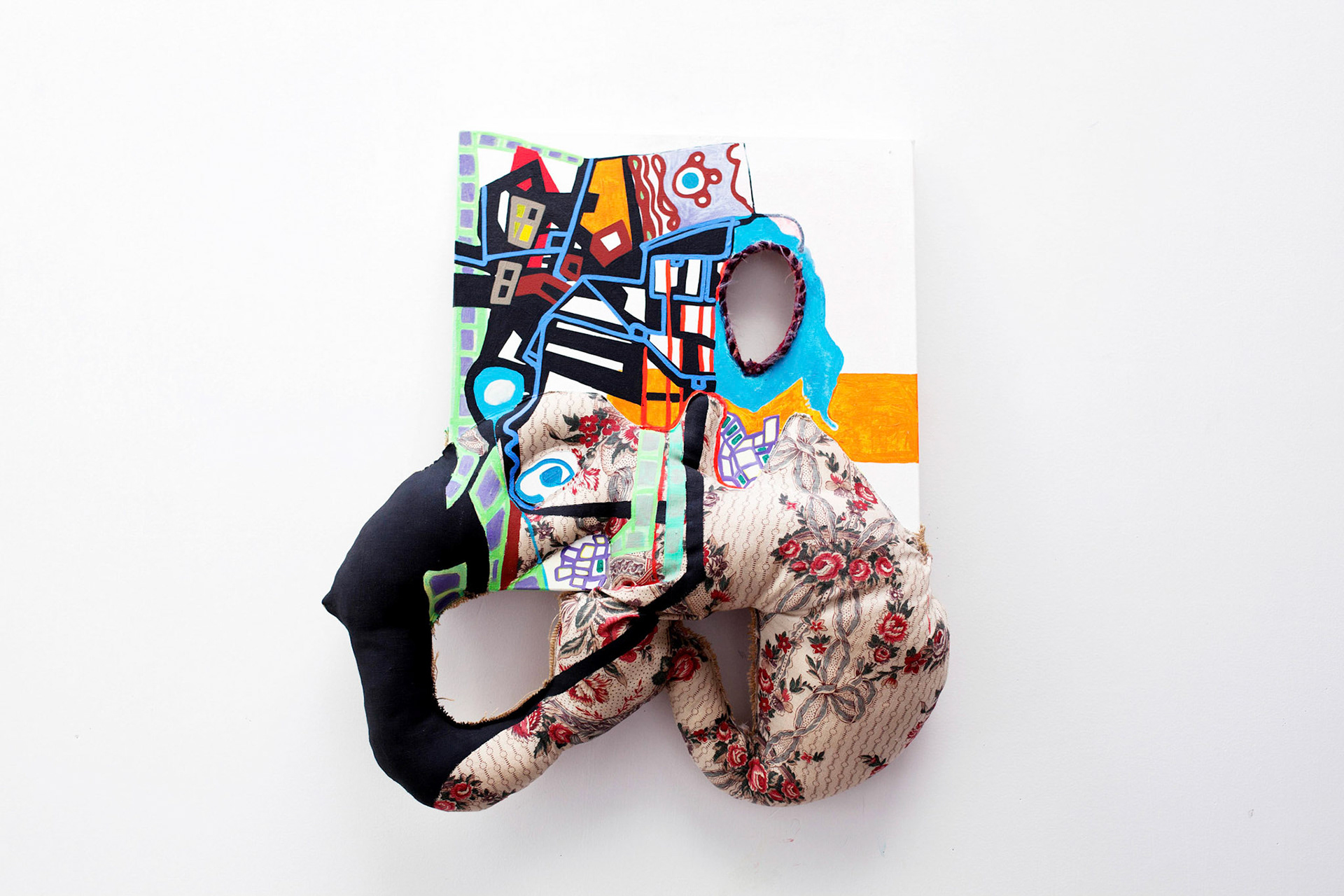 Pavillon avec jardin, 2013, acrylique sur toile, textile, divers, 59 x 57 x 7 cm