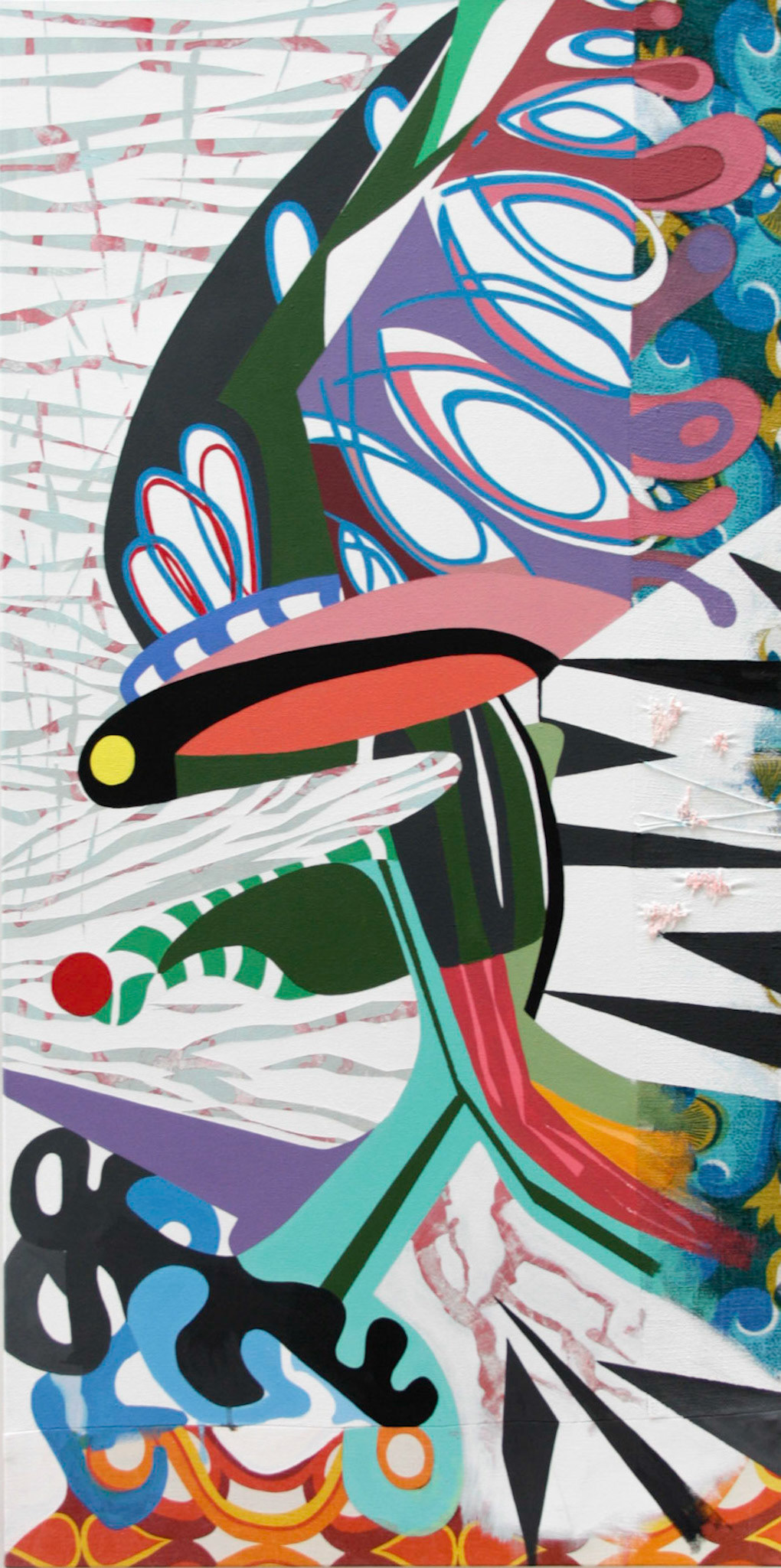 Les Oiseaux déguisés N°1, 2018, acrylique et tissu sur toile, 120 x 60 cm  