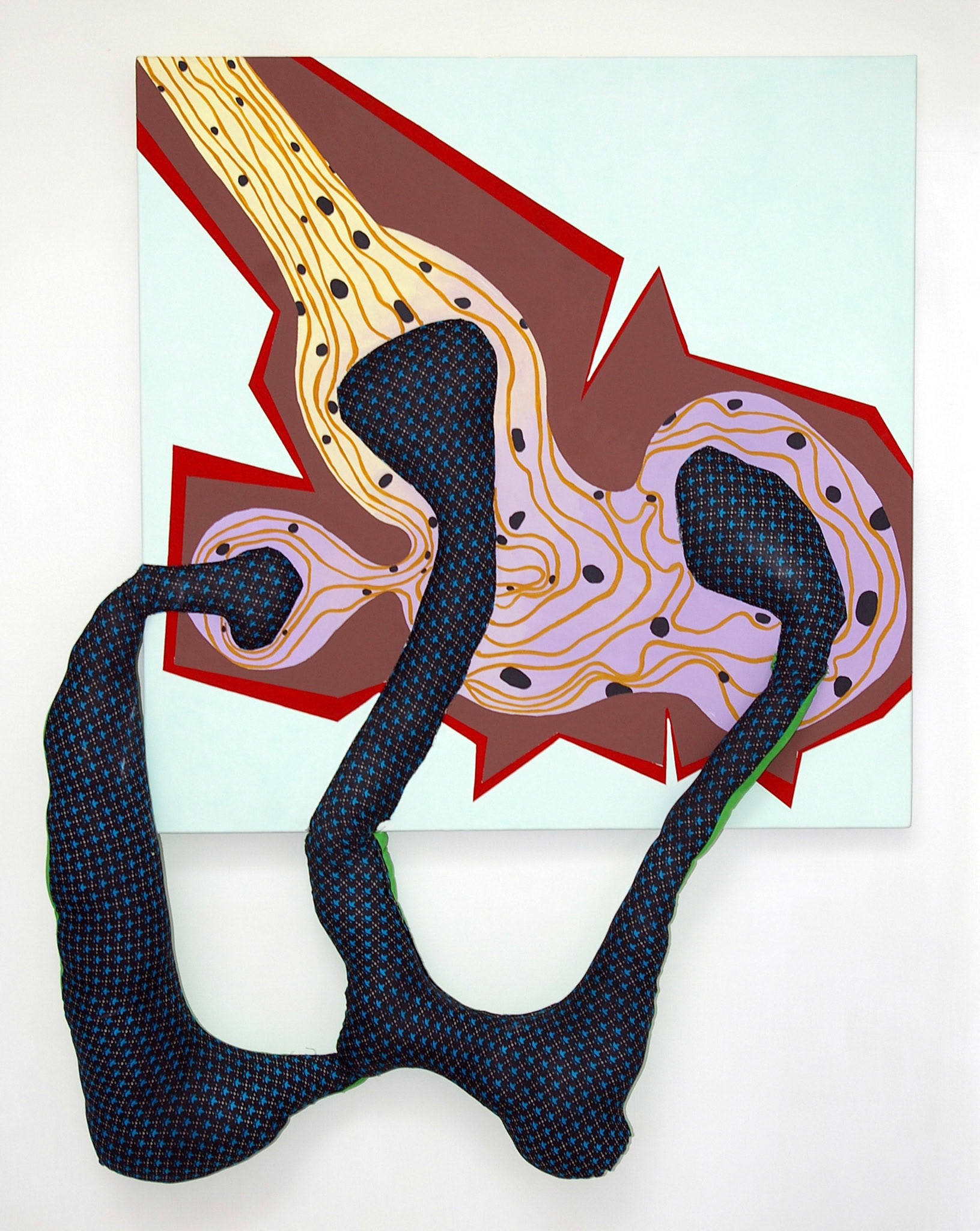 La tête et les jambes, 2012, acrylique sur toile, textile, divers, 54 x 33 cm