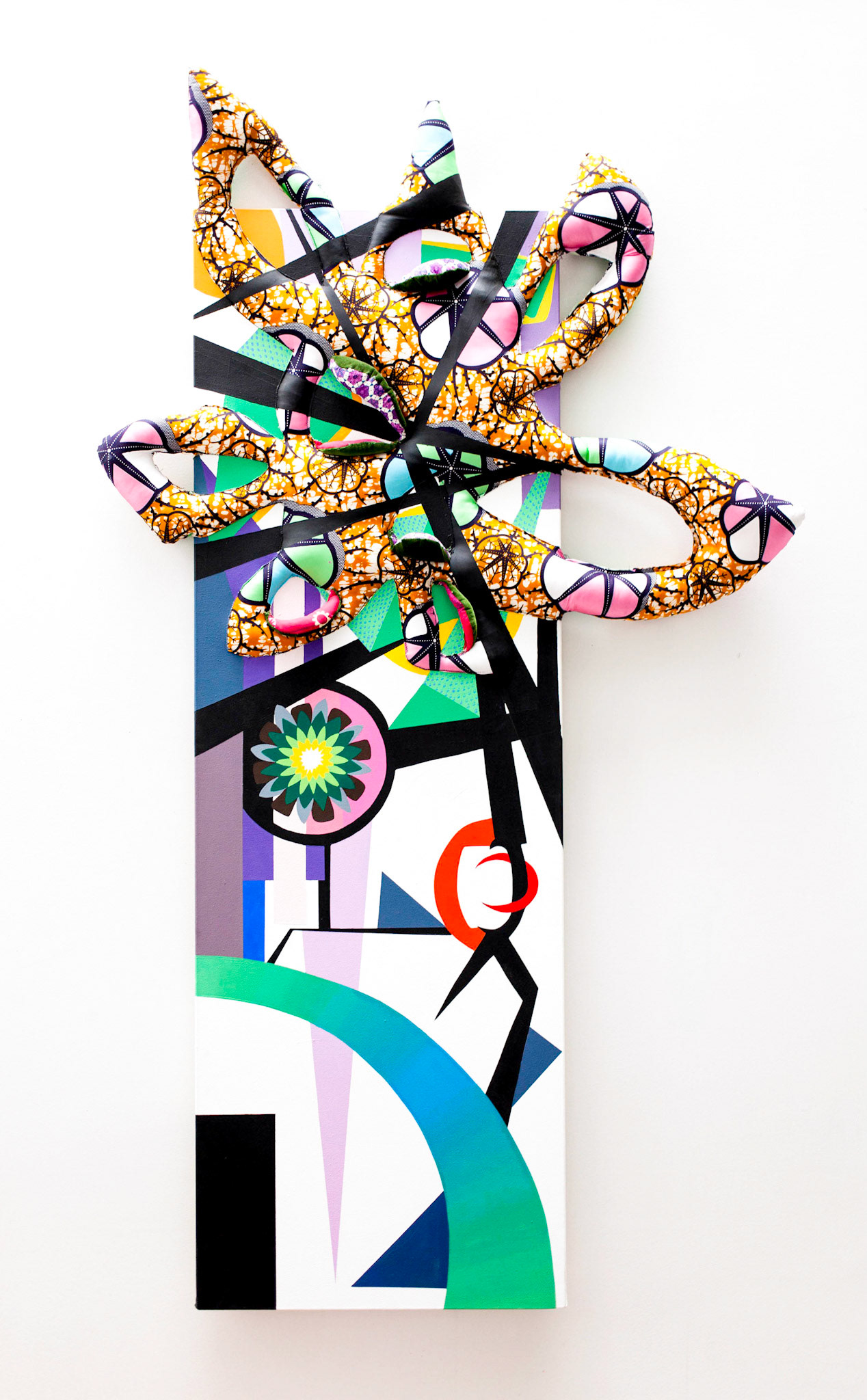 Les frontières 1 (Africarotter) 2013, acrylique sur toile, textile, divers, 168 x 98 x 3 cm