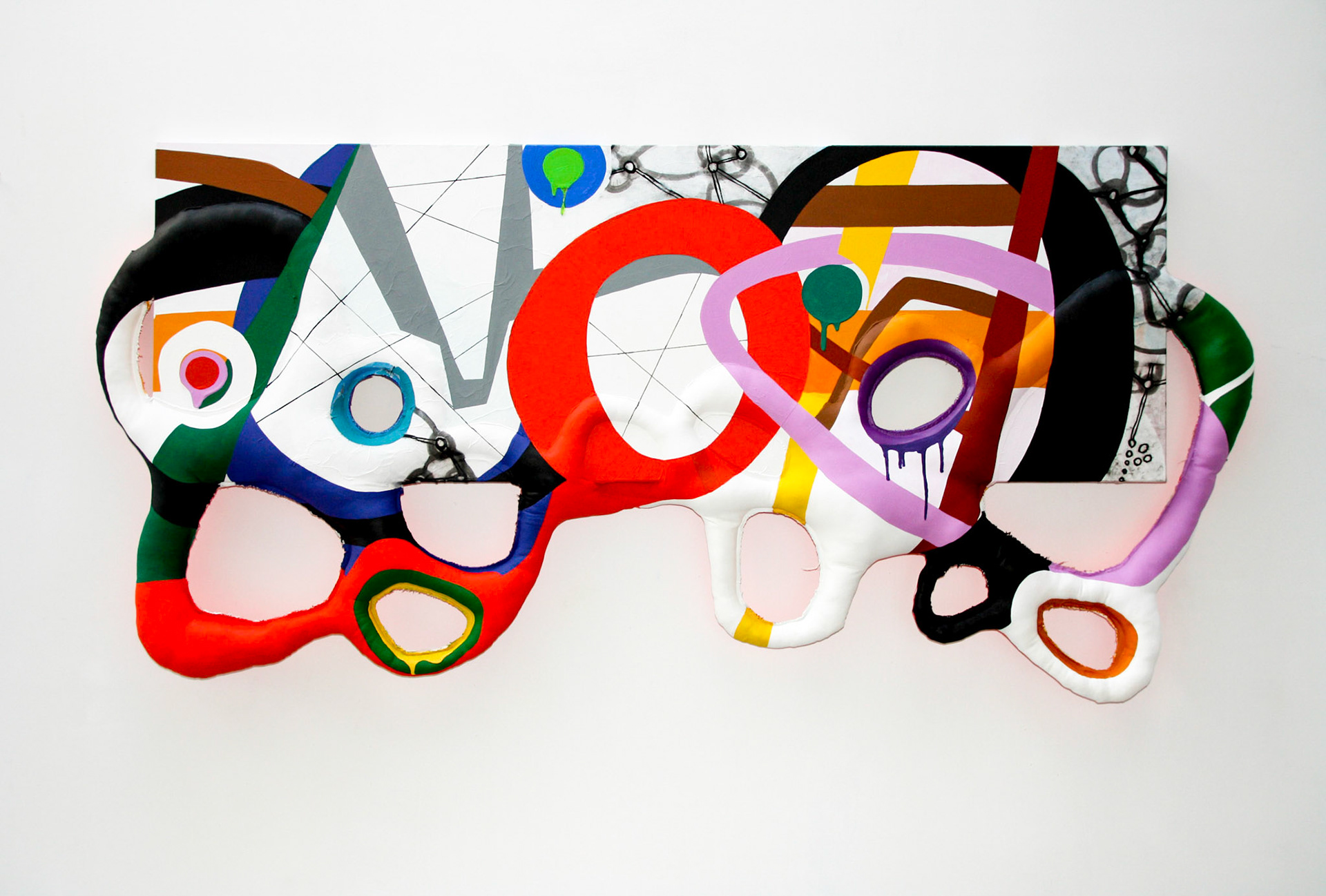 Les frontières 2, 2013, acrylique, encre, papier, divers sur toile, 83 x 170 x 10 cm