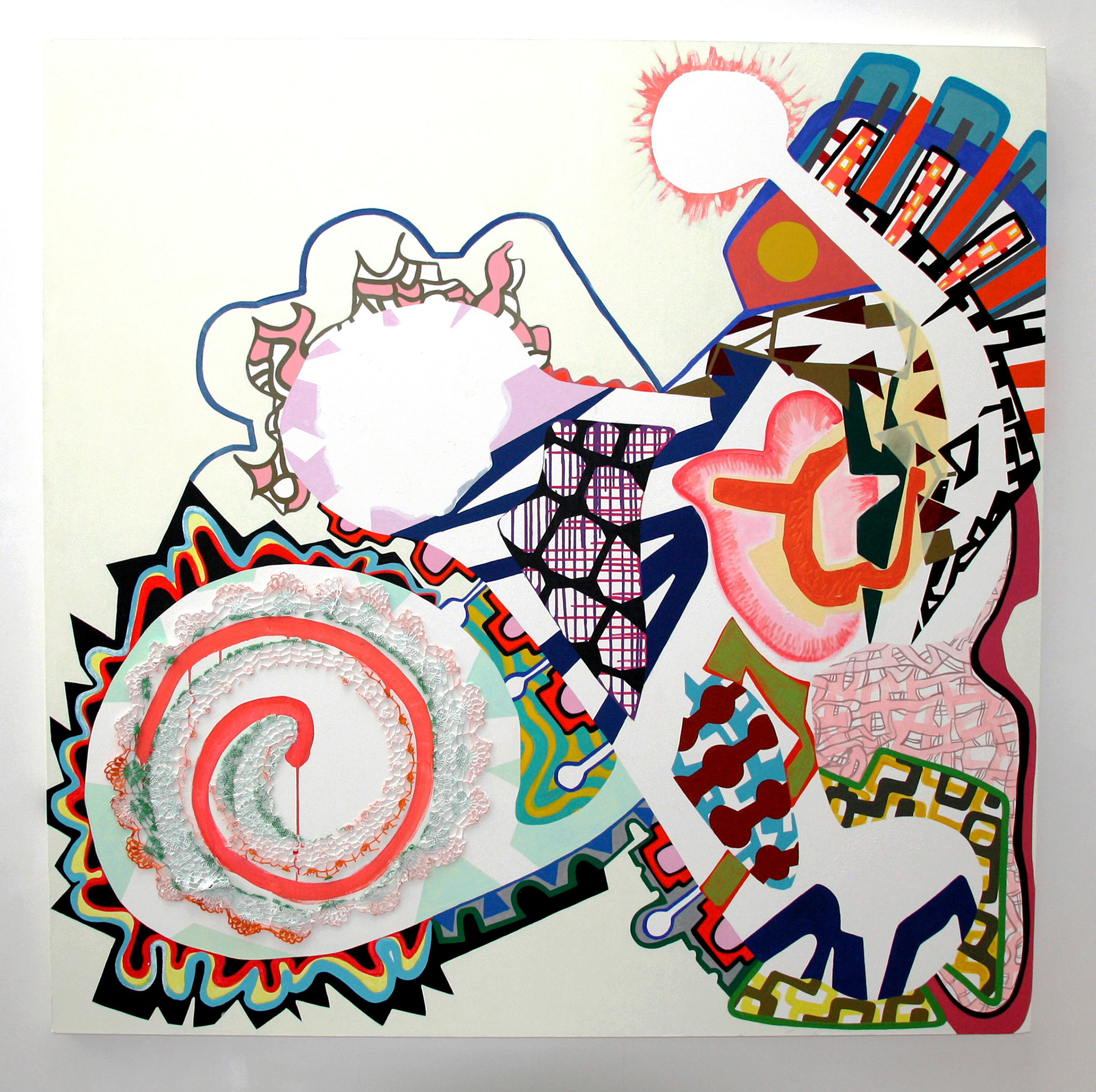 Amour, 2013, acrylique sur toile, textile, divers, 180 x 180 cm