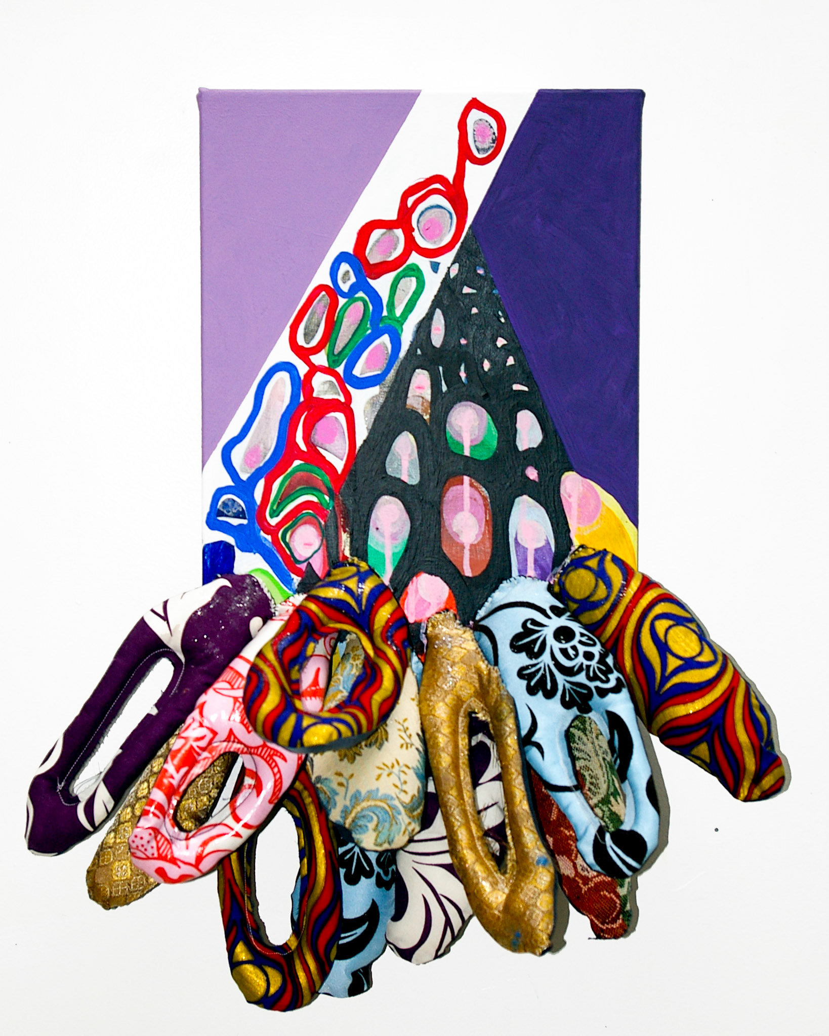 Comme on y va ! 2012, acylique, textile, divers sur toile, 55 x 44 x 10 cm  