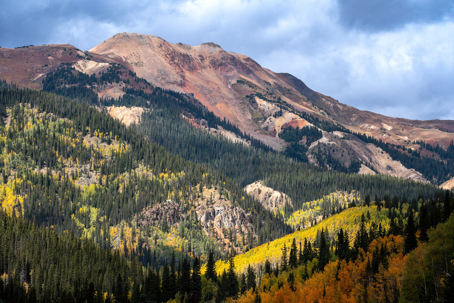 29 September 2019: Mountain and Aspens along County Road 110 near Silverton in Colorado