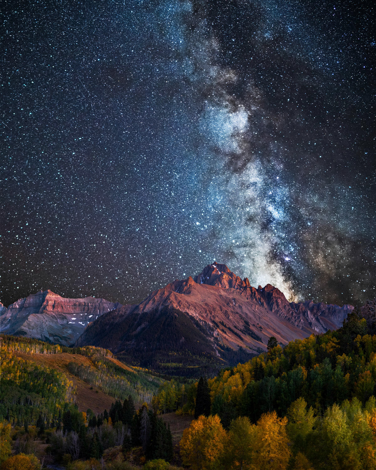 30 September 2019: Twlight view of Mt Sneffles on County Road 7 in Colorado