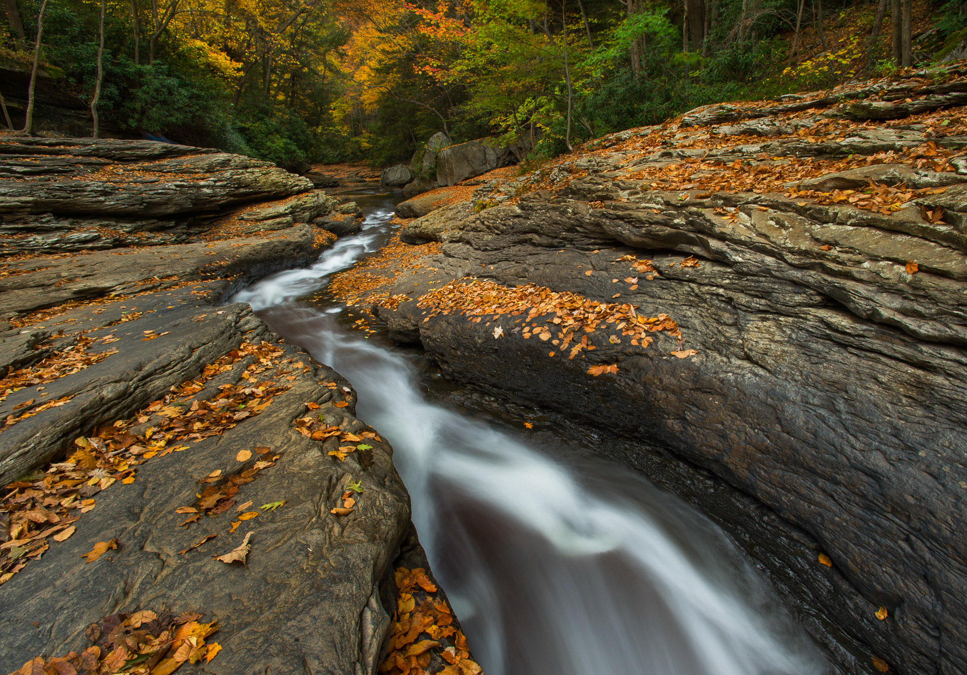 16 October 2015: Meadow Run natural water slide in Ohiopyle, PA
