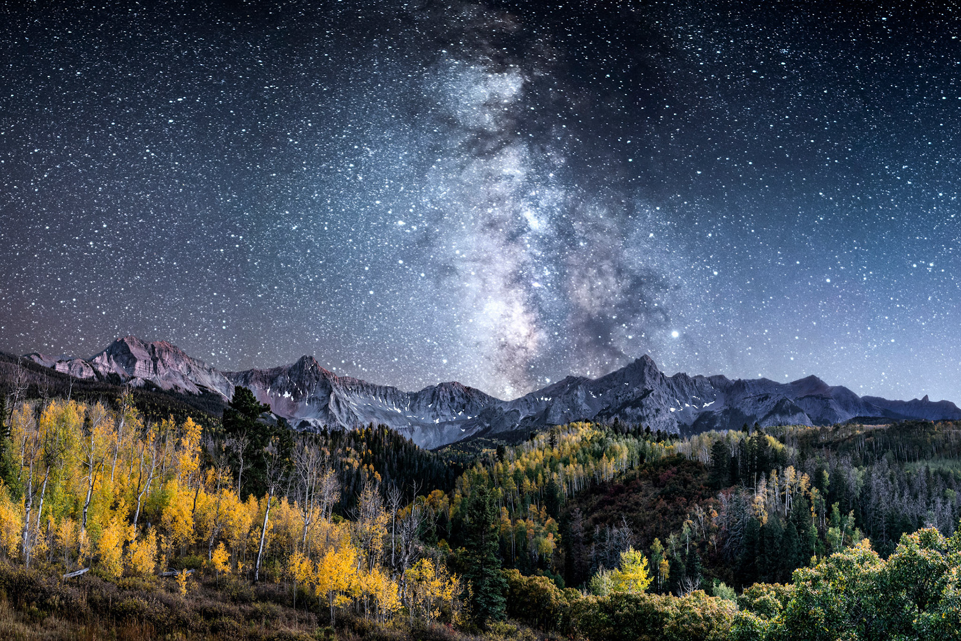 1 October 2019: Night sky view of Mears Peak on County Road 9 in Colorado