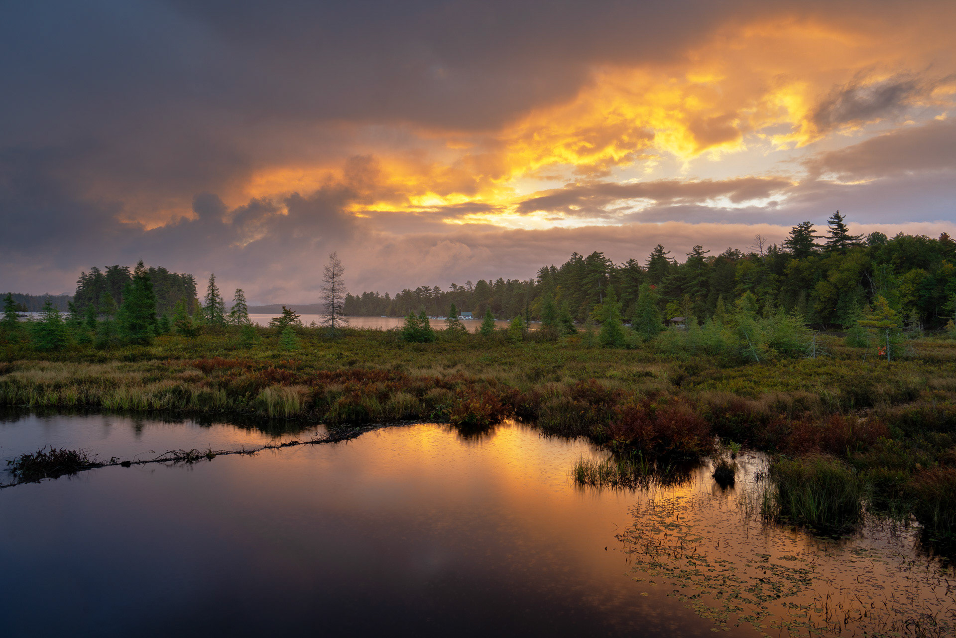 29 September 2018: Sunrise at Raquette Lake in the Adirondack Mountains, NY.
