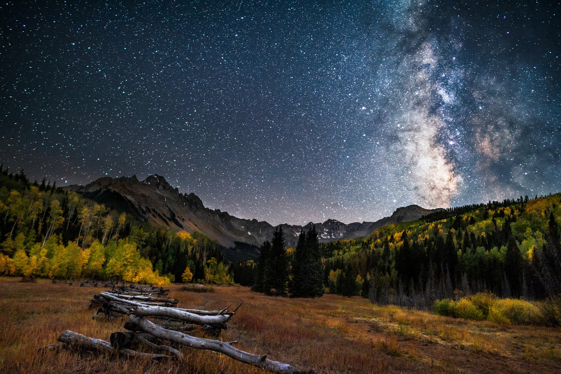 30 September 2019: Night sky view of Mt Sneffles on County Road 7 in Colorado