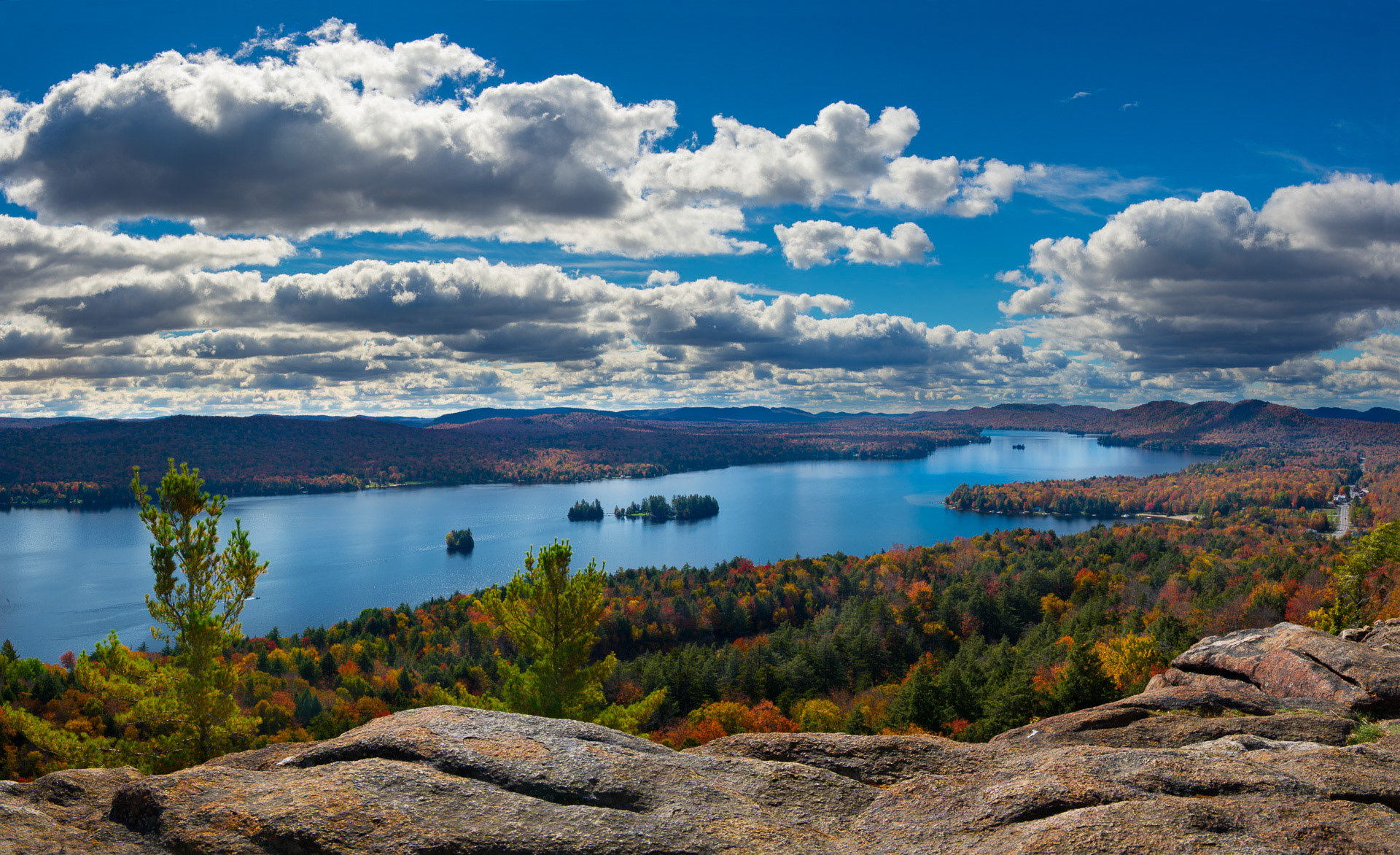 2 October 2014: View of Fourth Lake from the 2225 foot summit of Rocky Point Mountain in the Adirondack Mountains, NY.