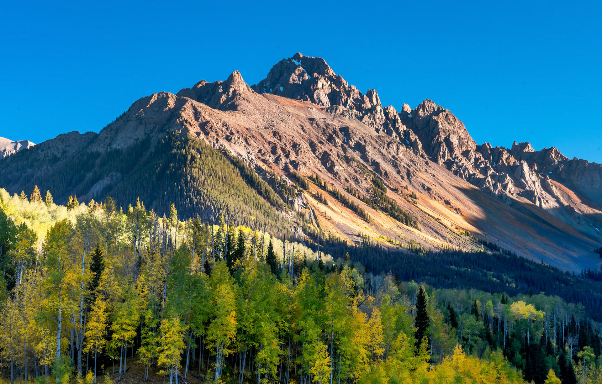 30 September 2019: View of Mt Sneffles and pond by Campground on County Road 7 in Colorado