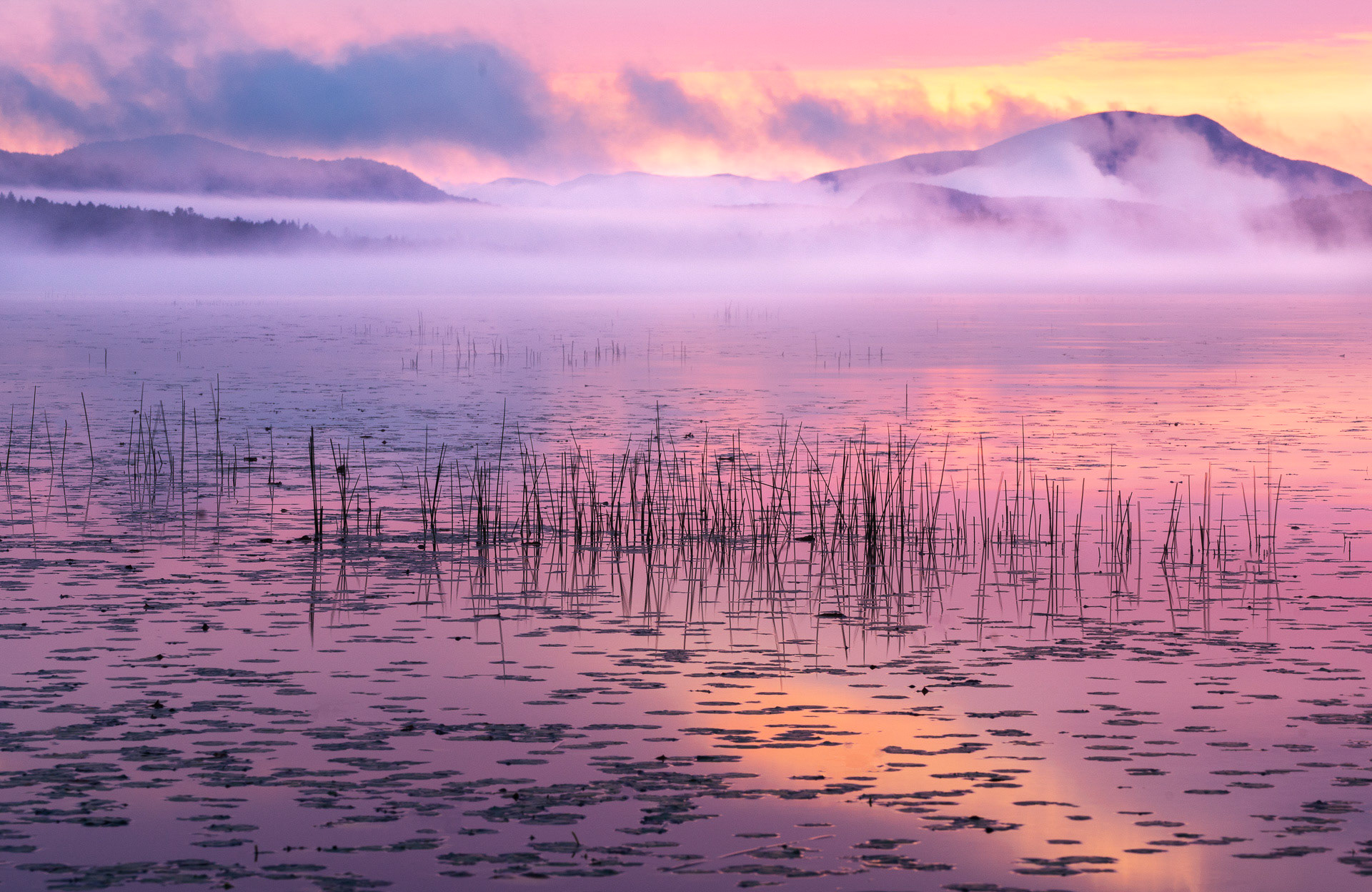 30 September 2018: Sunrise at Raquette Lake in the Adirondack Mountains, NY.