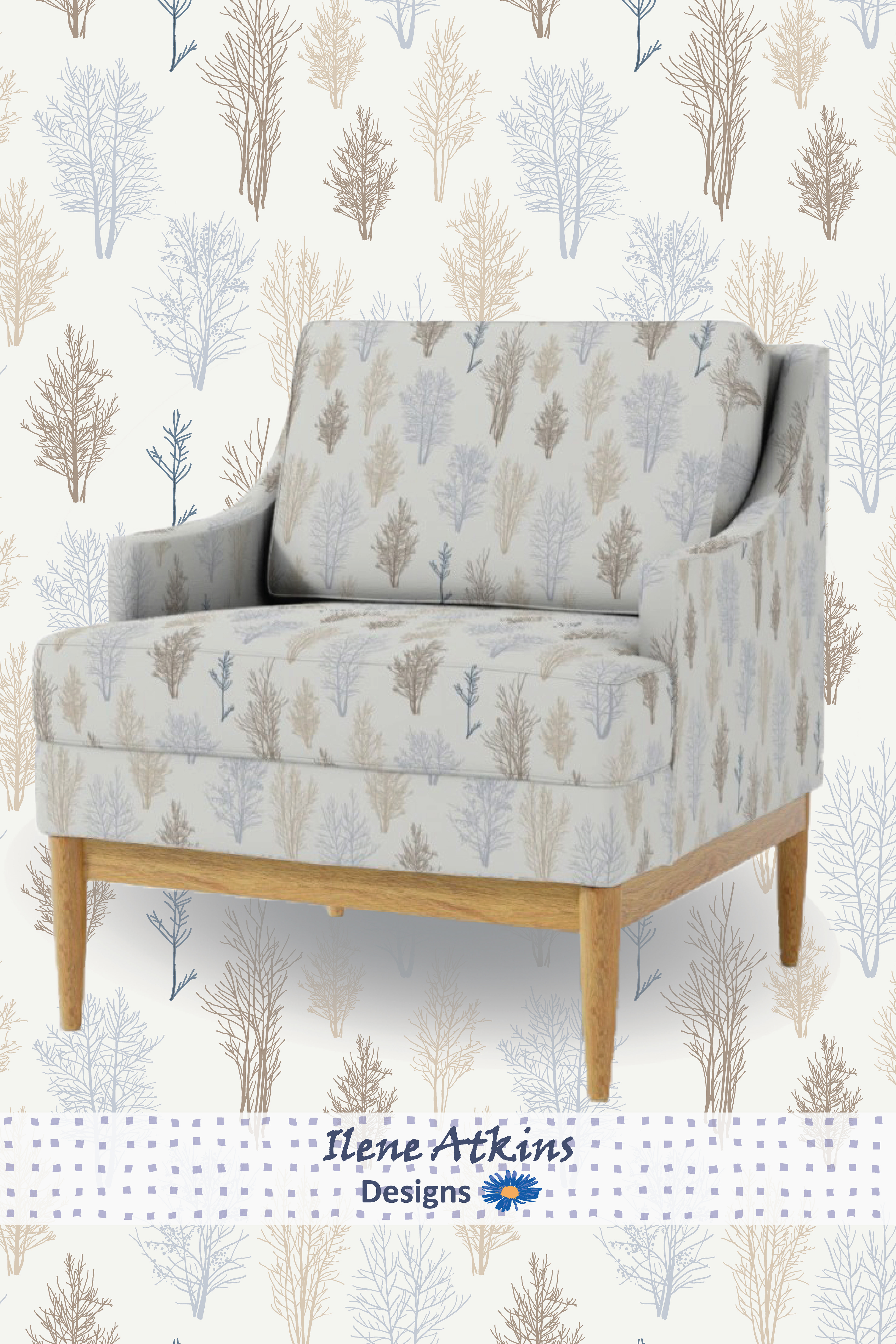 Silhouette pattern, Cottage Woodland Collection, Ilene Atkins Designs, soft taupes and dusty blue trees on warm ivory background, for wallpaper, fabric, quilts, home decor, and stationery