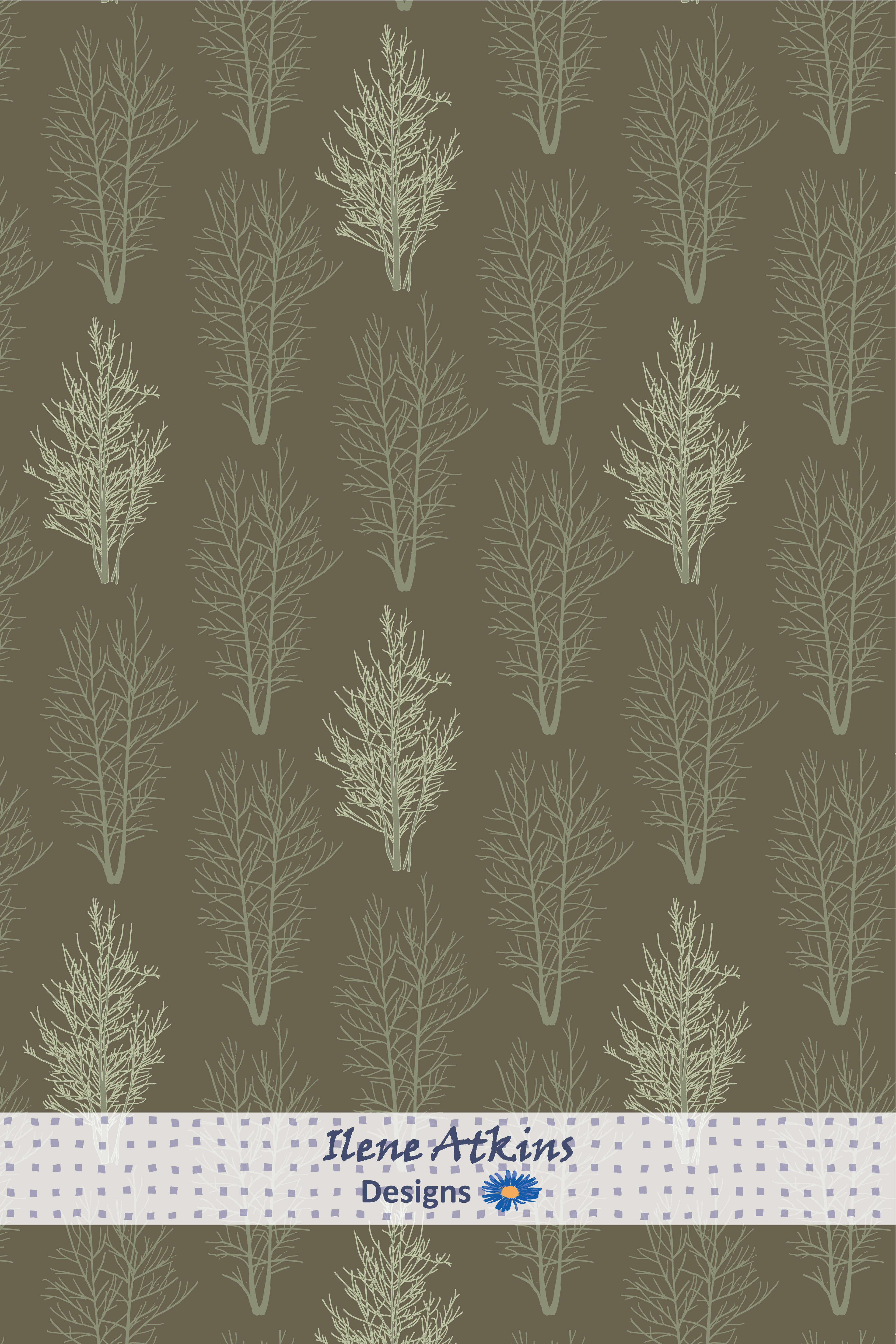 Hot August Nights Pattern in the Woodland Collection by Ilene Atkins Designs, featuring soft sage green trees in a repeating pattern on a dark green sage background. Surface pattern designer who licenses  boho designs for wallpaper and fabric.