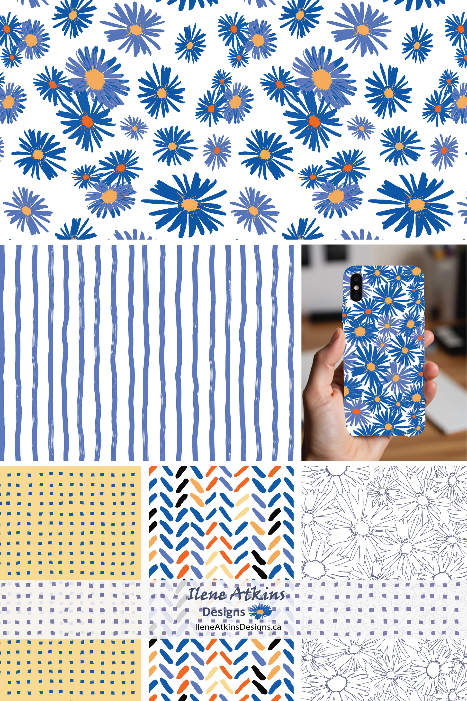 Nature inspired surface pattern design by Canadian Ilene Atkins, is a A playful collection combining butterflies, asters, florals, plaids and stripes in a vibrant orange and blue-purple palette. Designed to translate across linens, bedding, wallpaper, children's products, stationery, textiles, clothing, accessories, home décor household goods, and other applications.