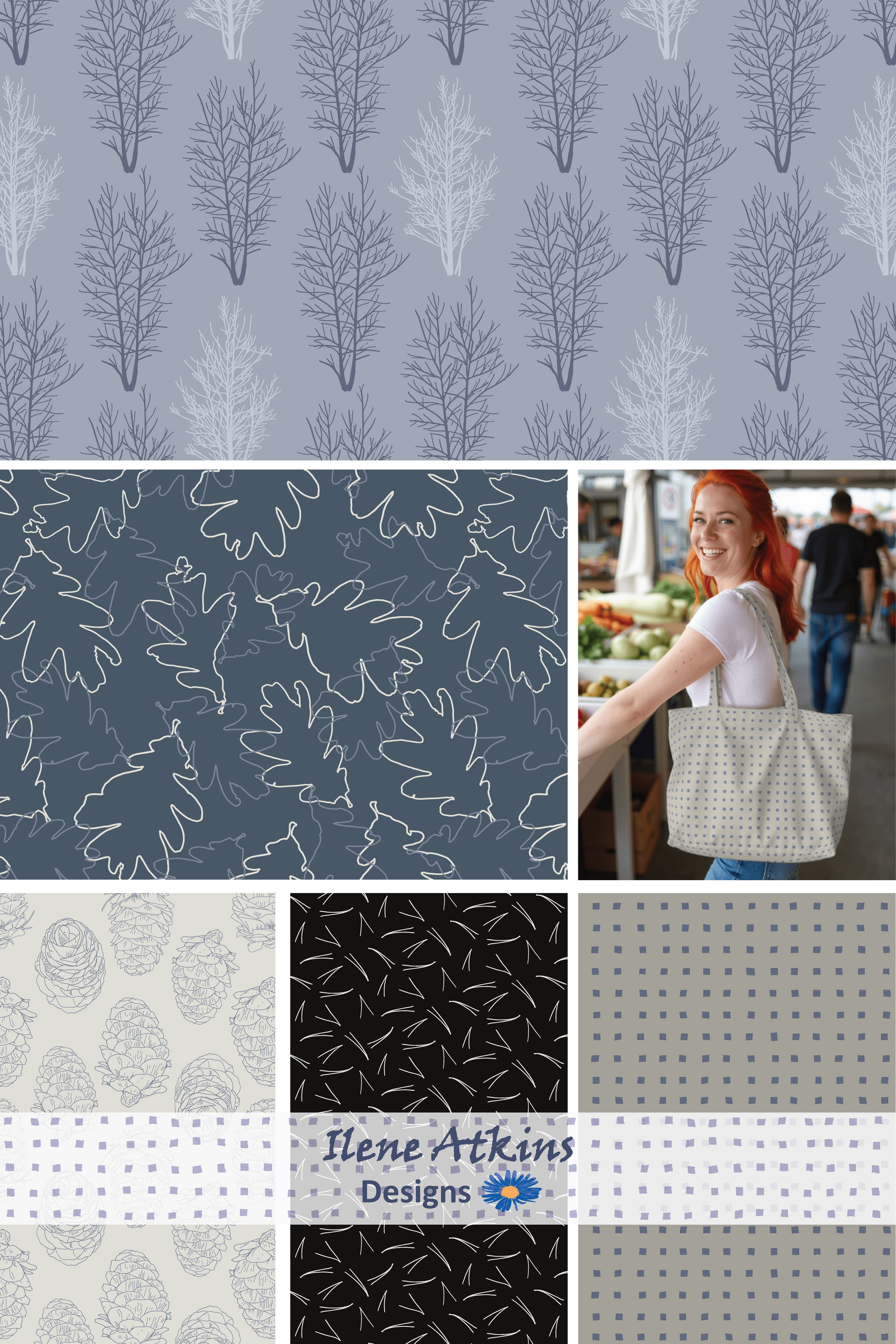 Patterns in the Winter Woodland Collection, by Ilene Atkins Designs, nature inspired textile artist, botanicals in dusty blues and warm taupes, for fabric, wallpaper, stationery, and home decor