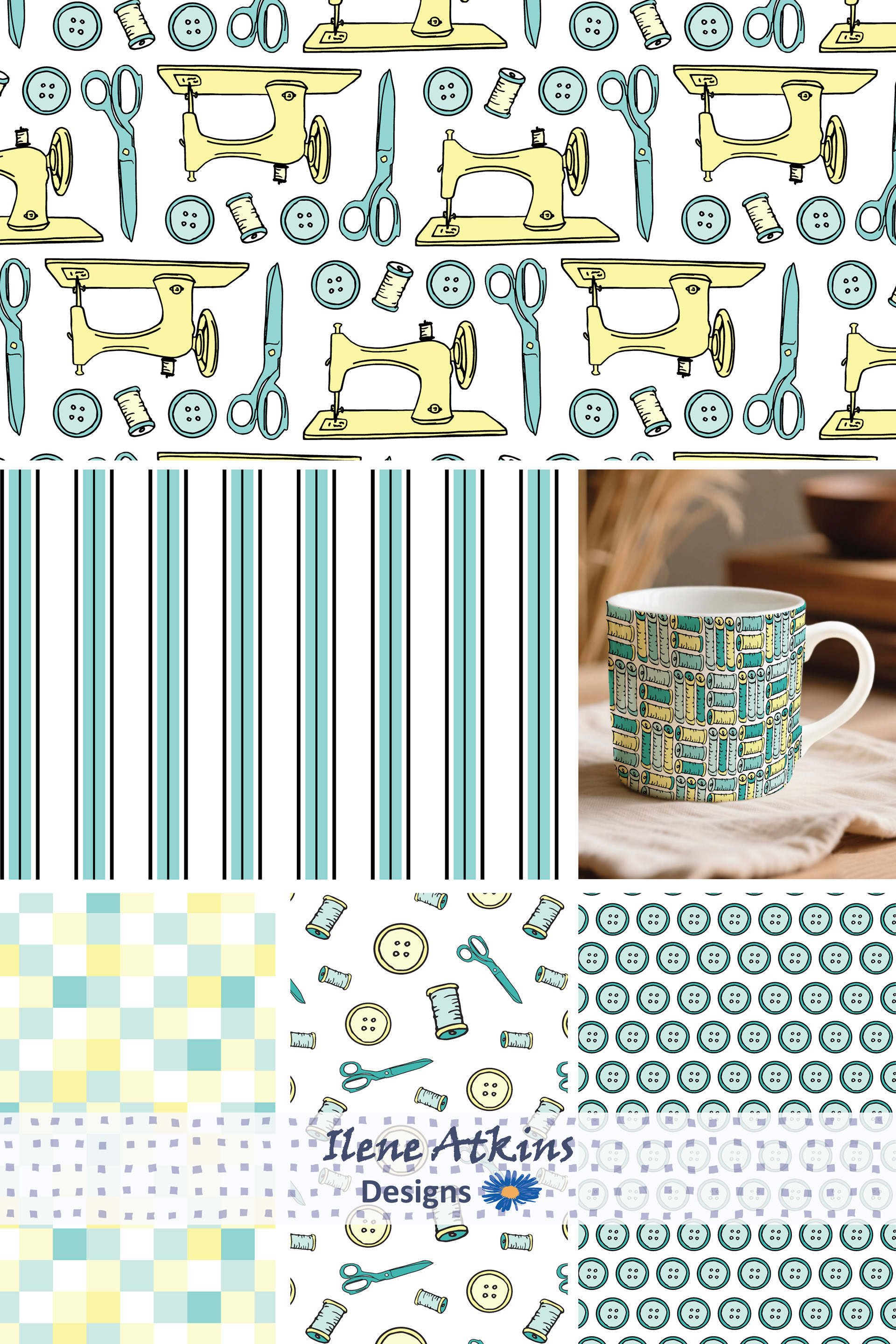 Sewing inspired surface pattern design by Canadian artist Ilene Atkins, features hand drawn sewing machines, scissors, buttons and threads in cheery mint greens and soft yellows