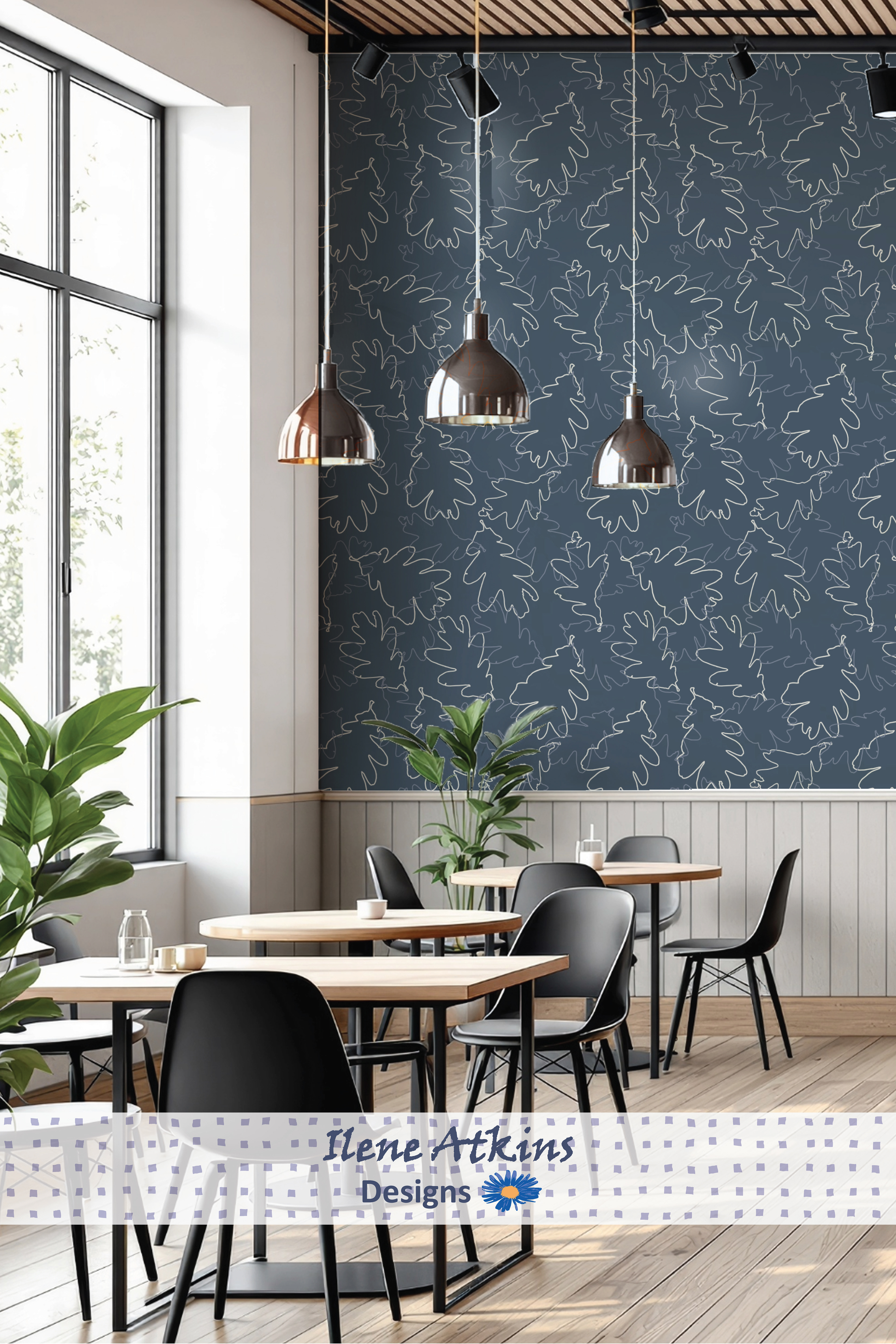 Oak Leaf Litter Pattern in the Winter Woodland Collection, by Ilene Atkins Designs, featuring dusty blue oak leaf outlines in a seamless repeat pattern on wallpaper