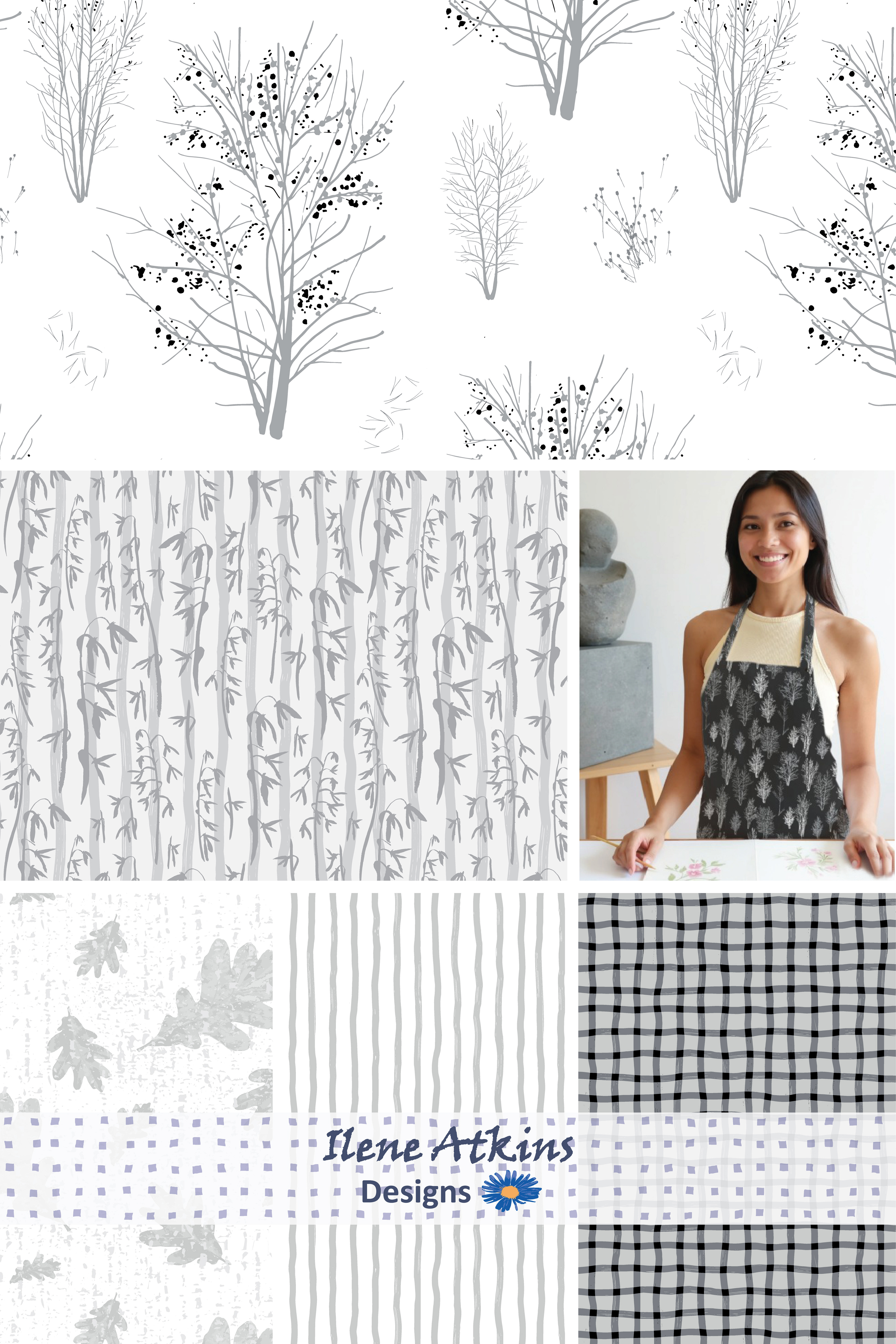 The Winter Woodland Collection by Ilene Atkins Designs, features seamless repeat botanical patterns in in dramatic shades of black, white and grey 