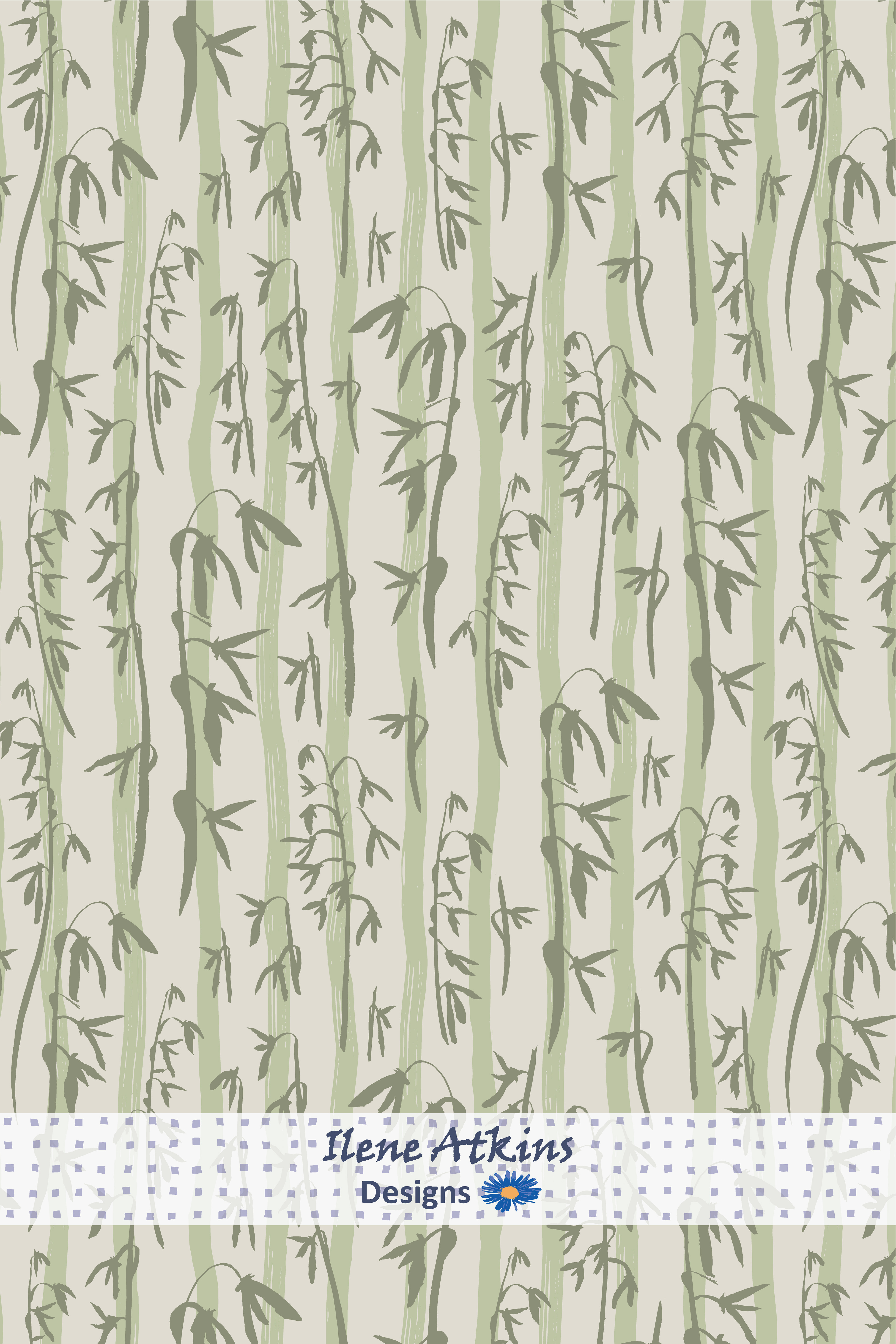 forest life pattern in the sage green collection by Ilene Atkins designs, featuring a sage green hand drawn botanicals pattern on a soft grey background. Surface pattern designer with seamless repeat patterns . License ready botanical artwork . 