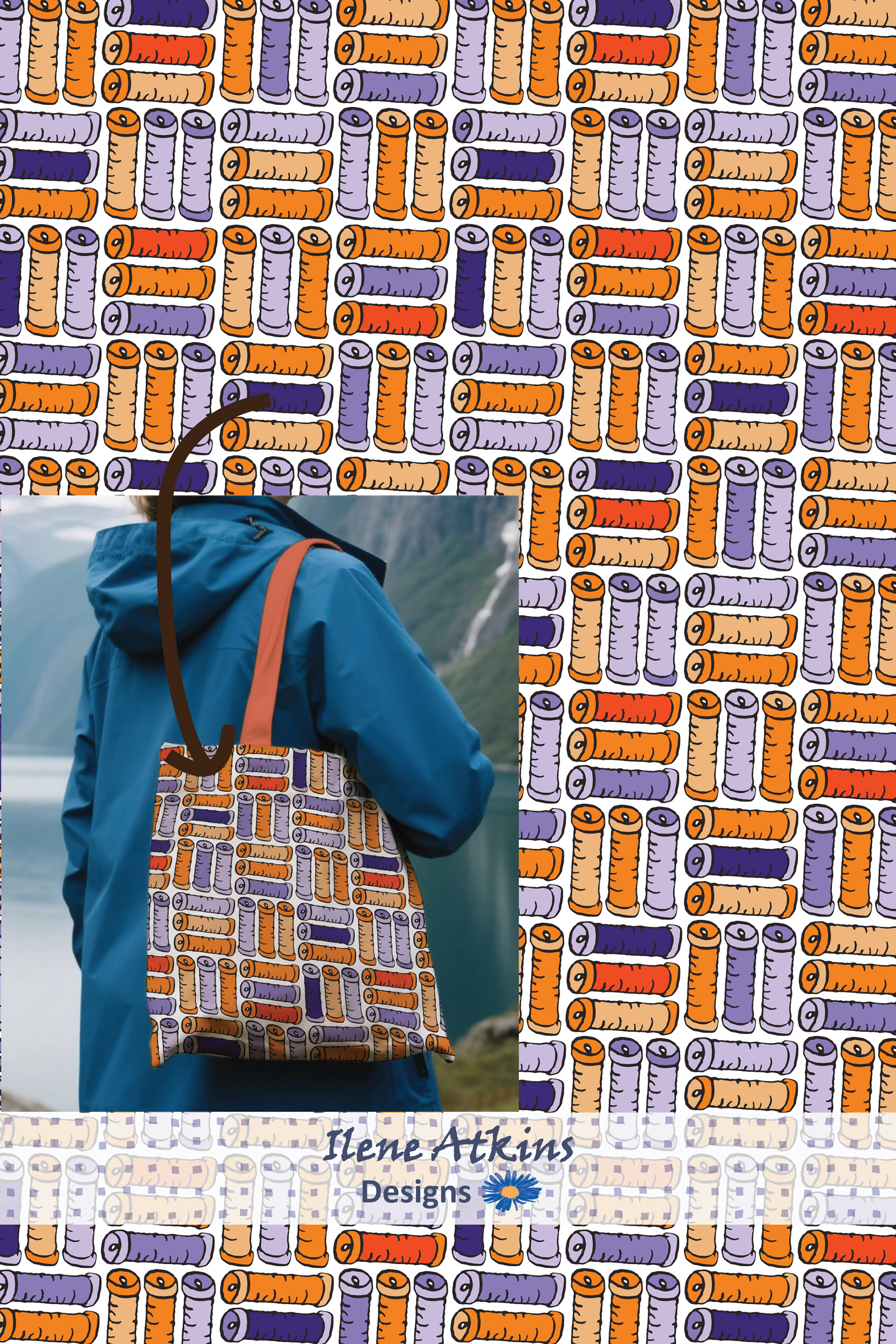 Hand drawn spools of thread in cheerful autumn colours of oranges and purples, printed here on a tote bag, by Southwestern Ontario textile artist Ilene Atkins 