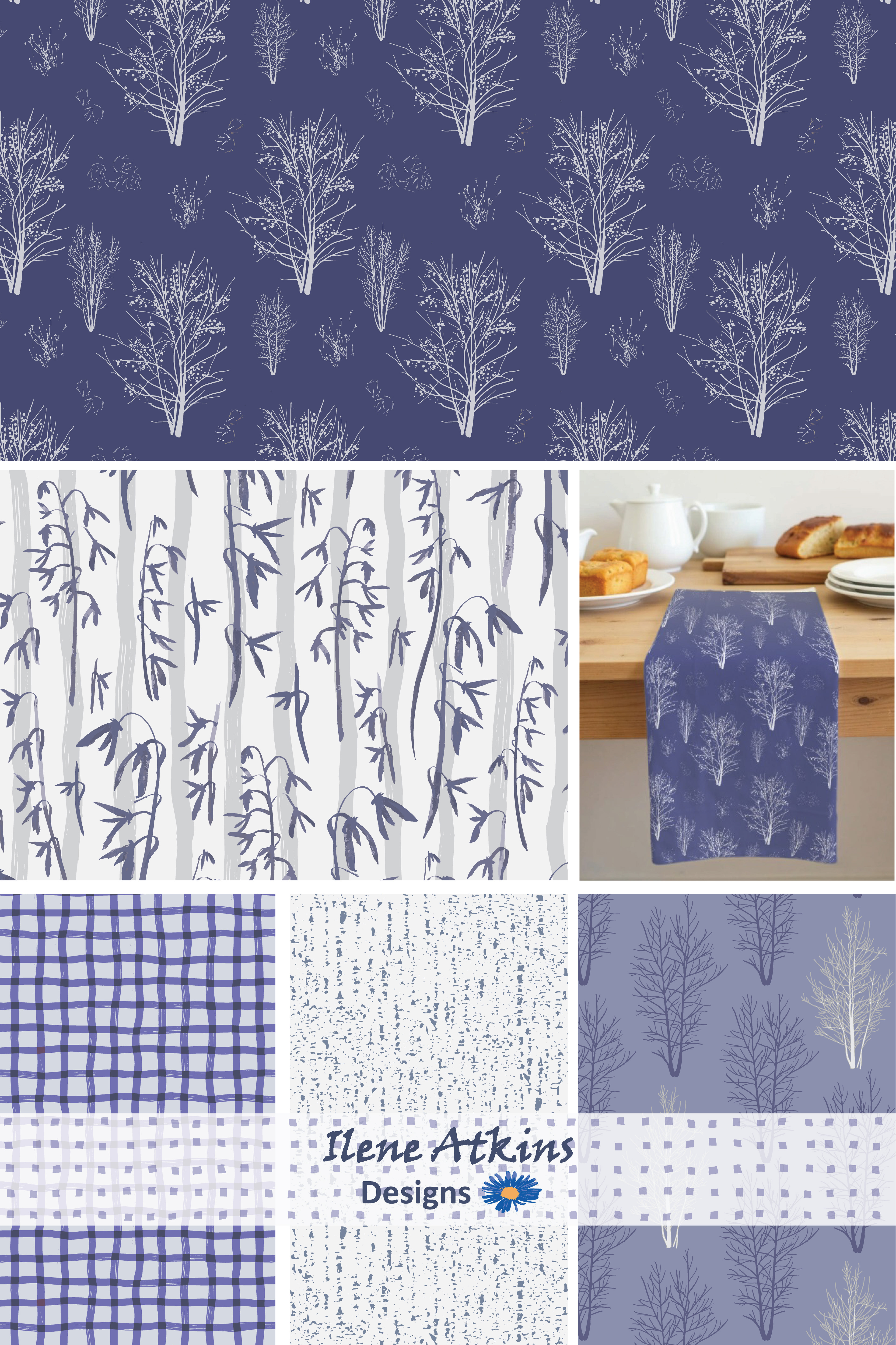 Winter Woodland Collection of Pattern designs by Ilene Atkins Designs featuring french blue botanical prints