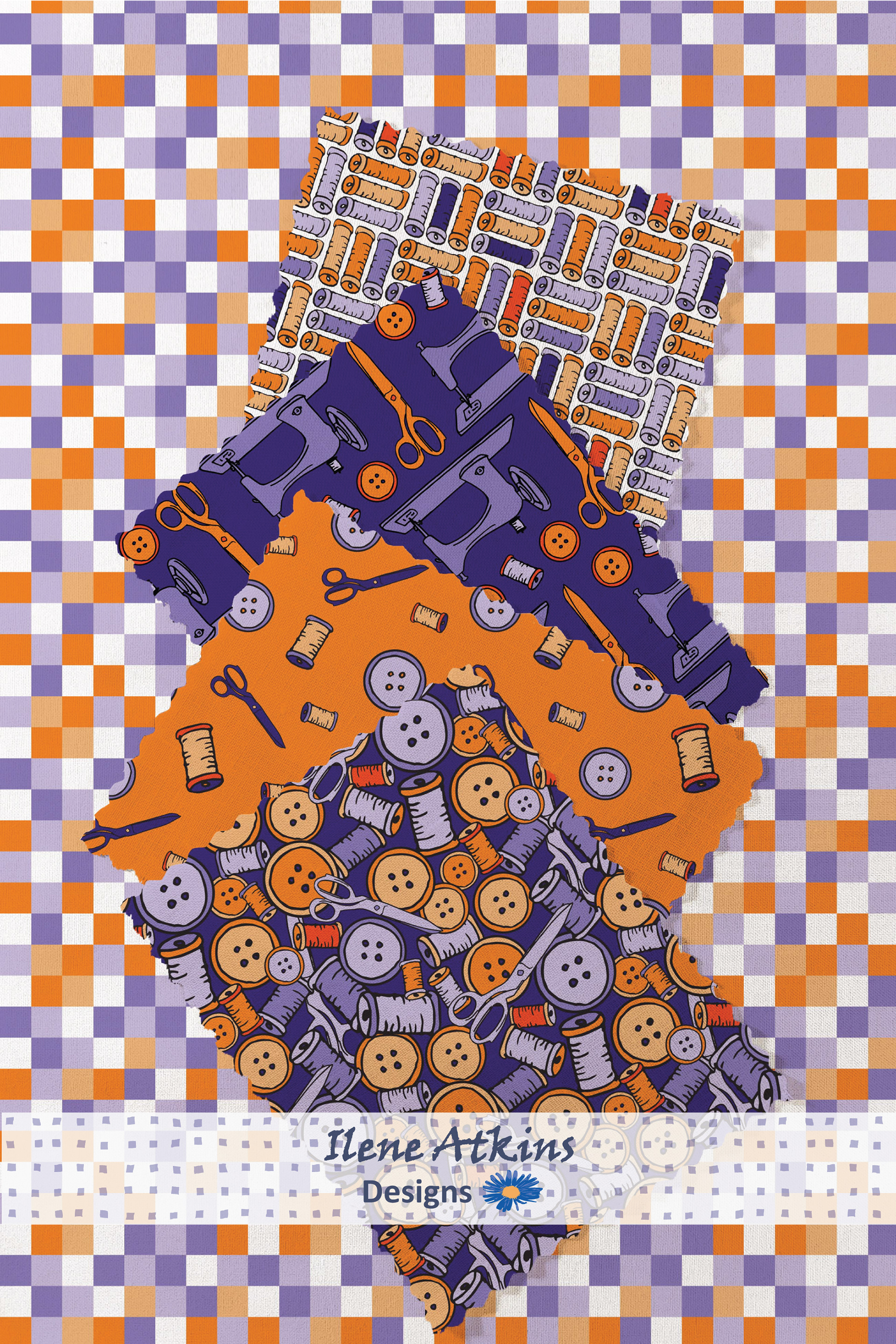 Hand drawn sewing inspired Patchwork Collection, shown here on fabric swatches in bright cheerful fall oranges and purples, ready for quilting, sewing, and crafting