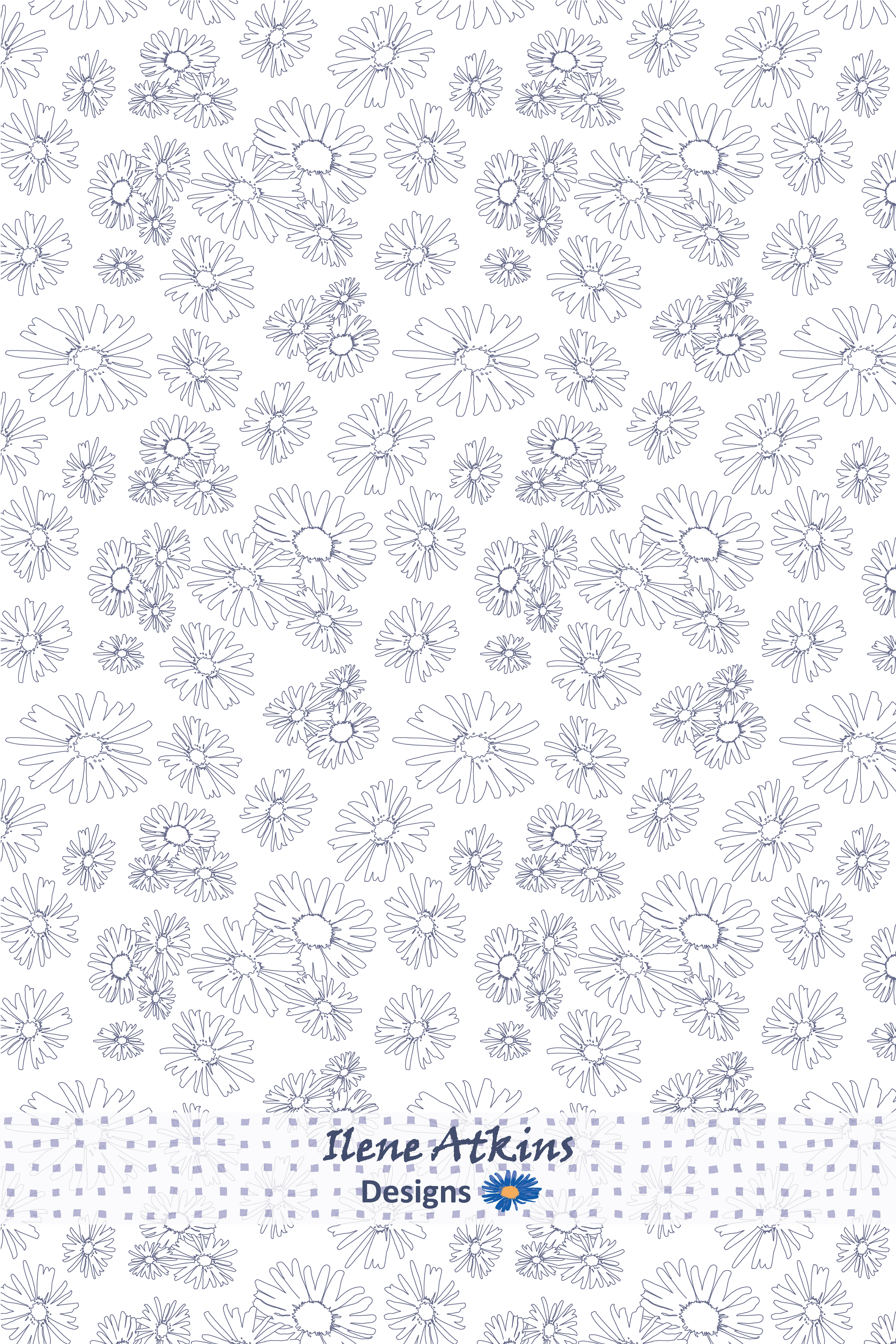 AsterLite Pattern in the Monarch Migration Collection by Ilene Atkins Designs, features black and white outline botanical drawings of the purple aster wildflower in a repeating seamless pattern. Neutral black and white license ready fabric designs for quilt fabrics, quilt designs, and quilt makers.
