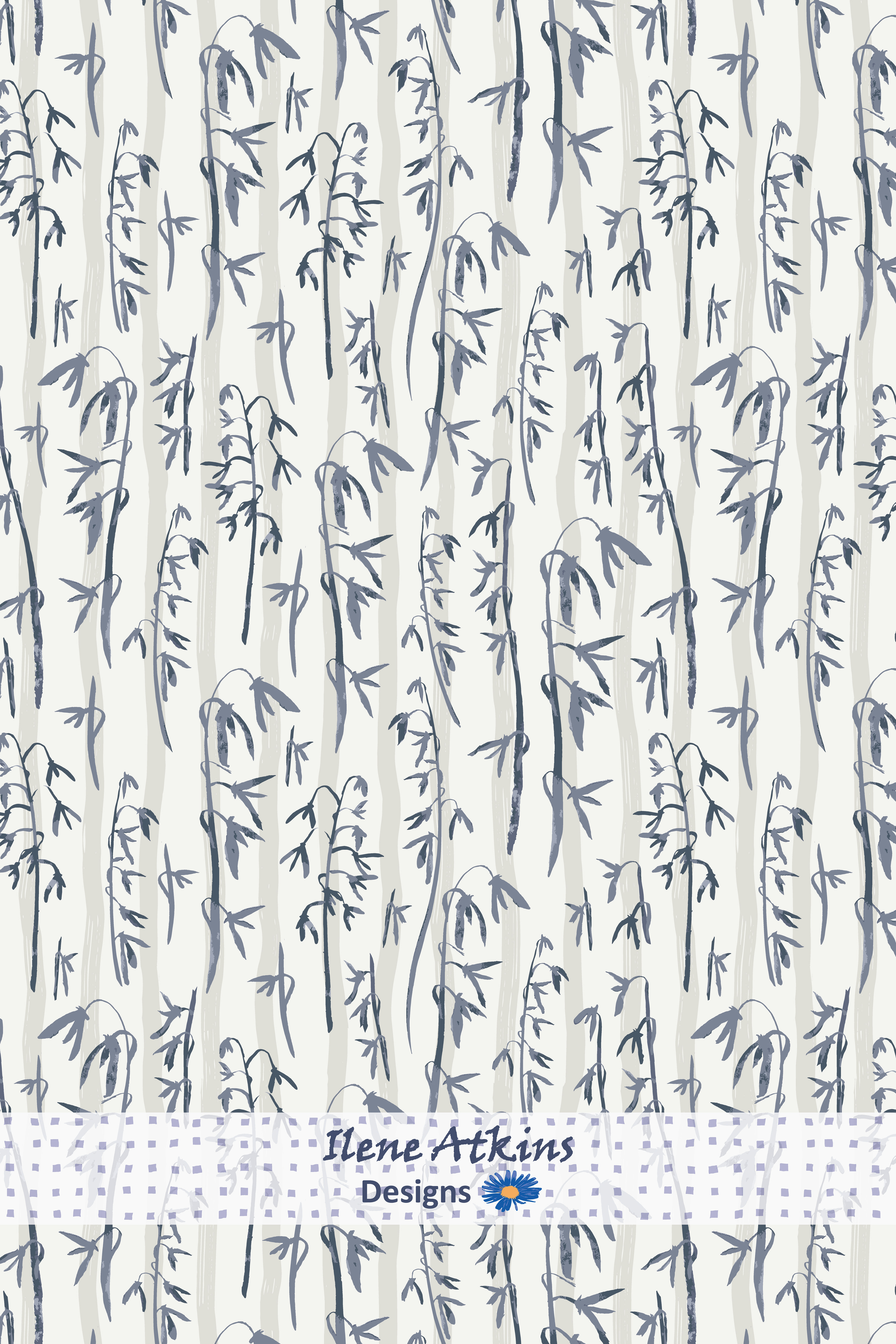 Forest Life Pattern, in the Winter Woodland Collection, by Ilene Atkins Designs, hand drawn botanicals in dusty blues and soft taupes, for Nordic, Japandi, Scandi and Contemporary Minimalist decor