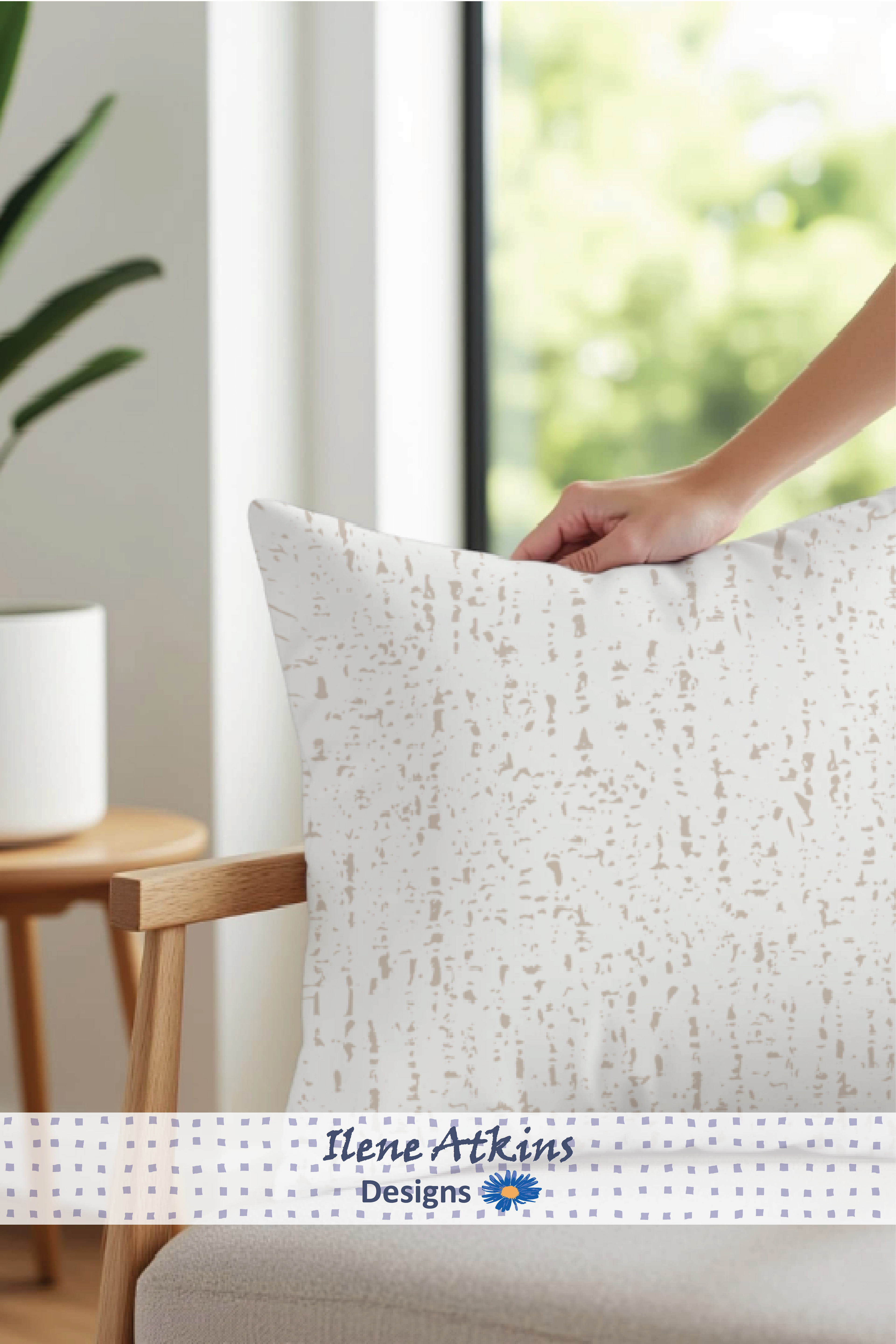 Snow Melt patterned pillow, Ilene Atkins Designs, accent texture print in soft taupe and ivory, seamless repeat patterns, nature inspired textiles, Canadian textile designer, prints for fabric, home decor, stationery, wallpaper and household goods