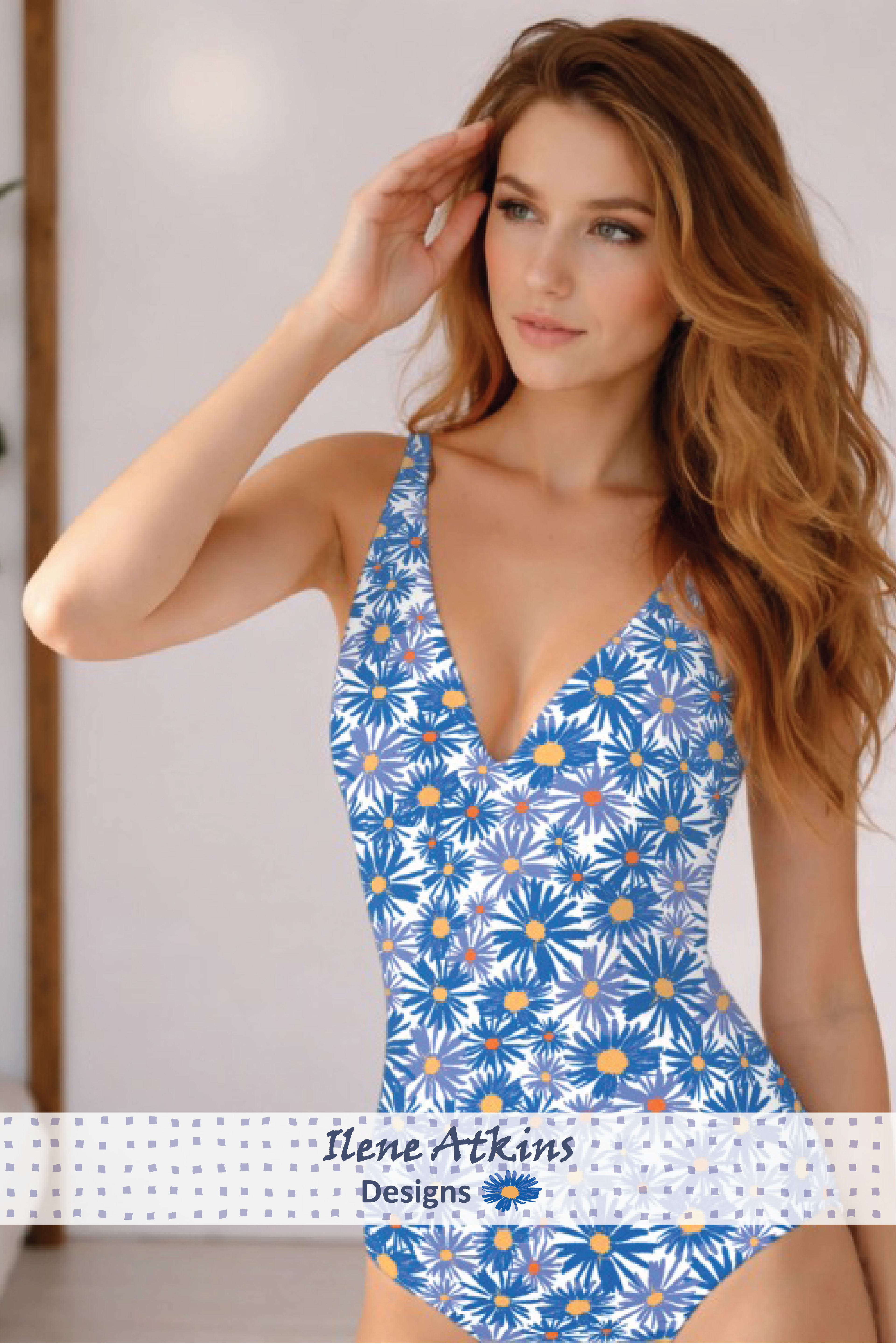 Asters 1 Pattern in the Monarch Migration Collection by Ilene Atkins Designs, features bright coloured blue asters on a swimsuite model. Art for Licensing, modern textile nature inspired textile designs for swimwear, activewear, leisure wear, sportswear, underwear, scarves, toques, hats, and luggage. 