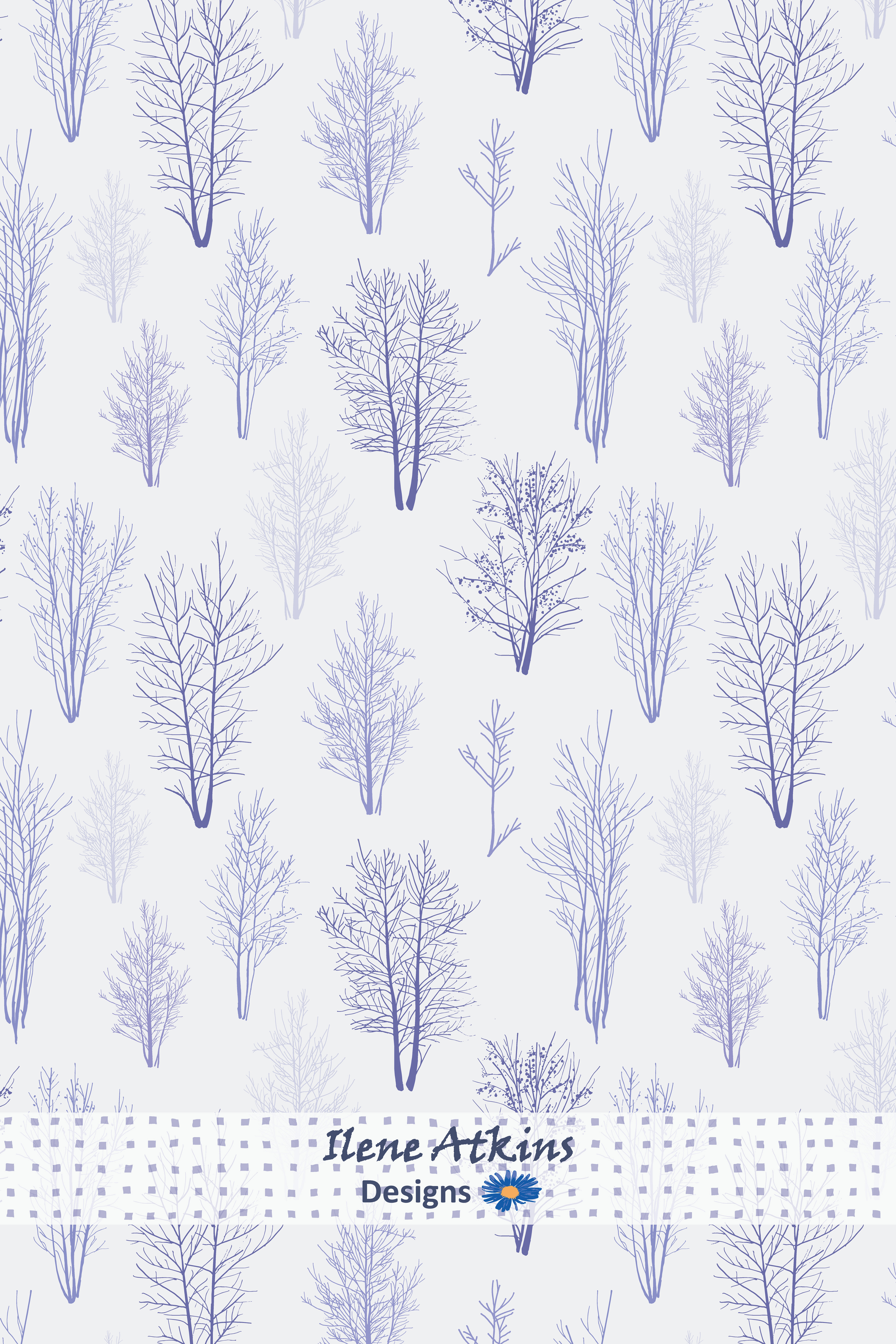 Winter Silhouette Pattern in the Winter Woodland Collection by Ilene Atkins, featuring crisp french blue trees on a warm grey background 